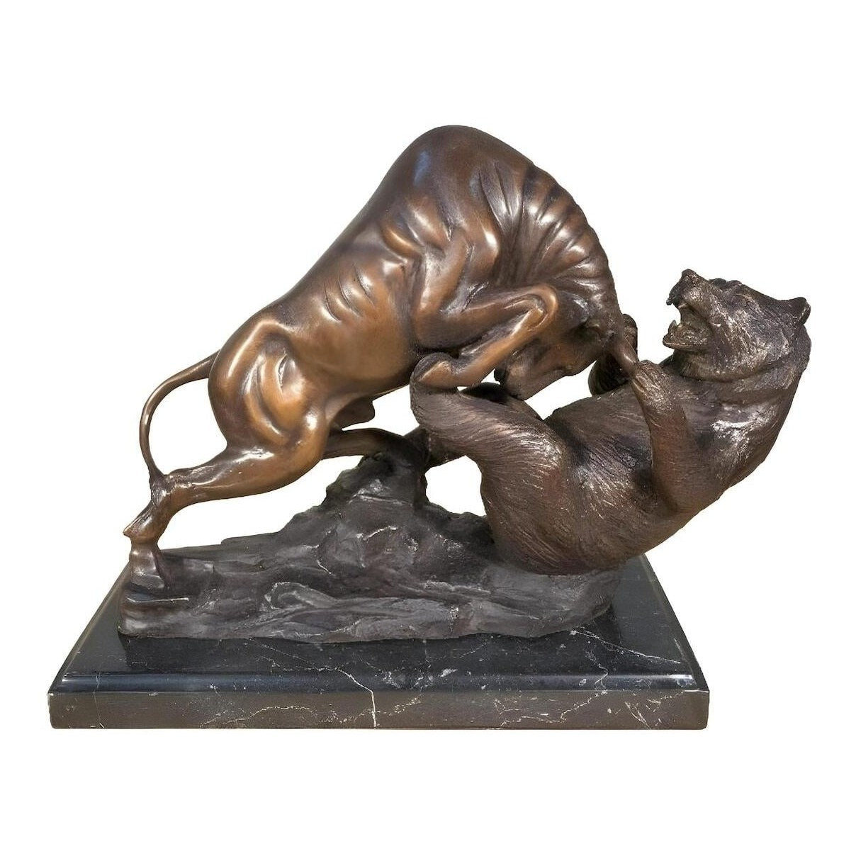 Solid Bronze and Marble Bull and Bear Statue.Bull Market Bull defeated