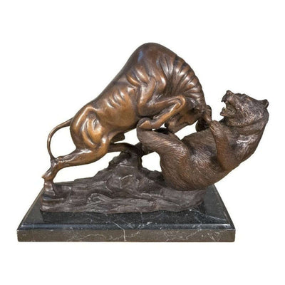 Solid Bronze and Marble Bull and Bear Statue.Bull Market Bull defeated