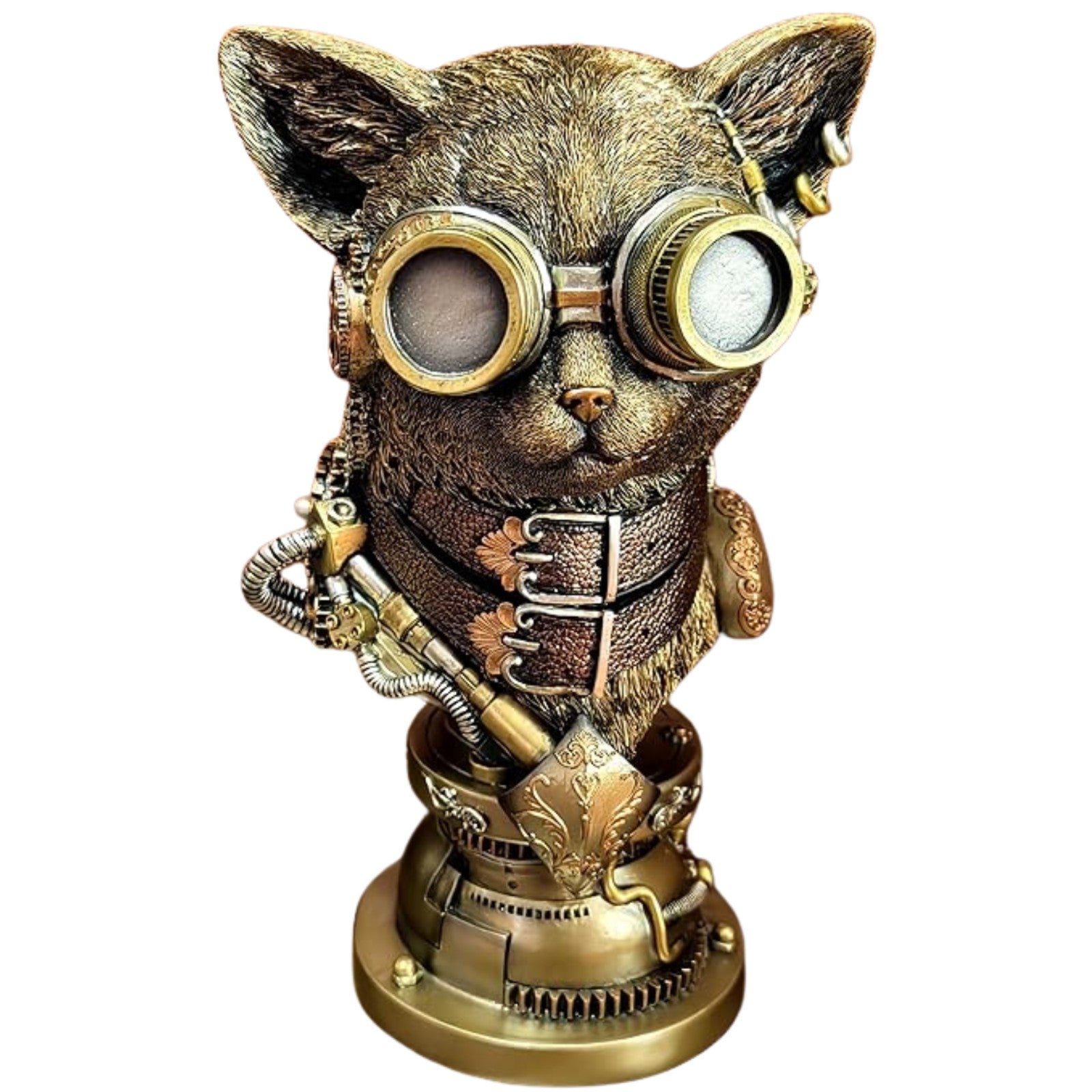 Resin Steampunk Cat Figurine with Goggles and Mechanical Base