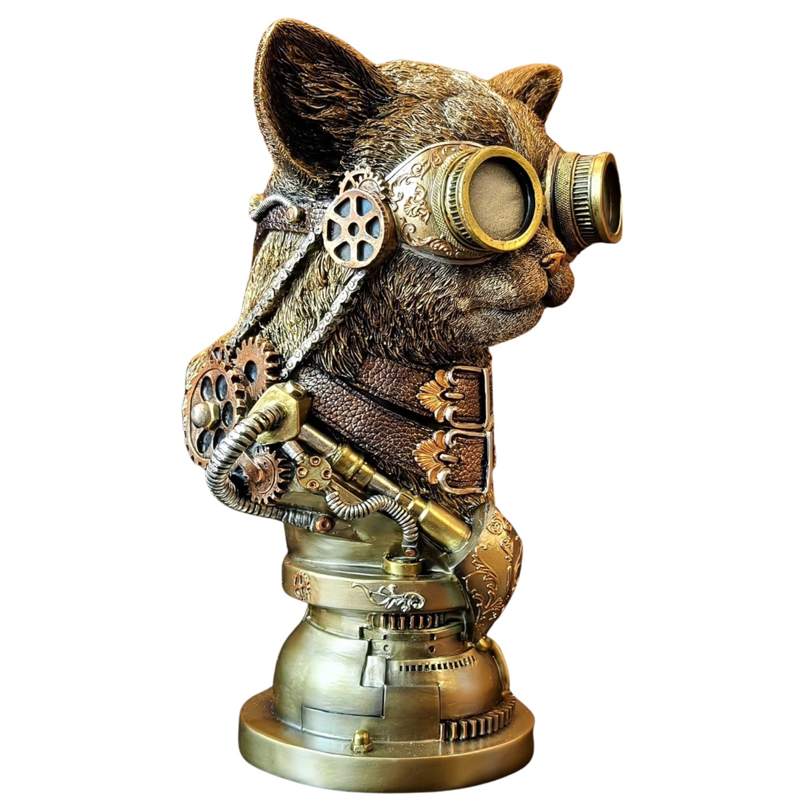 Resin Steampunk Cat Figurine with Goggles and Mechanical Base