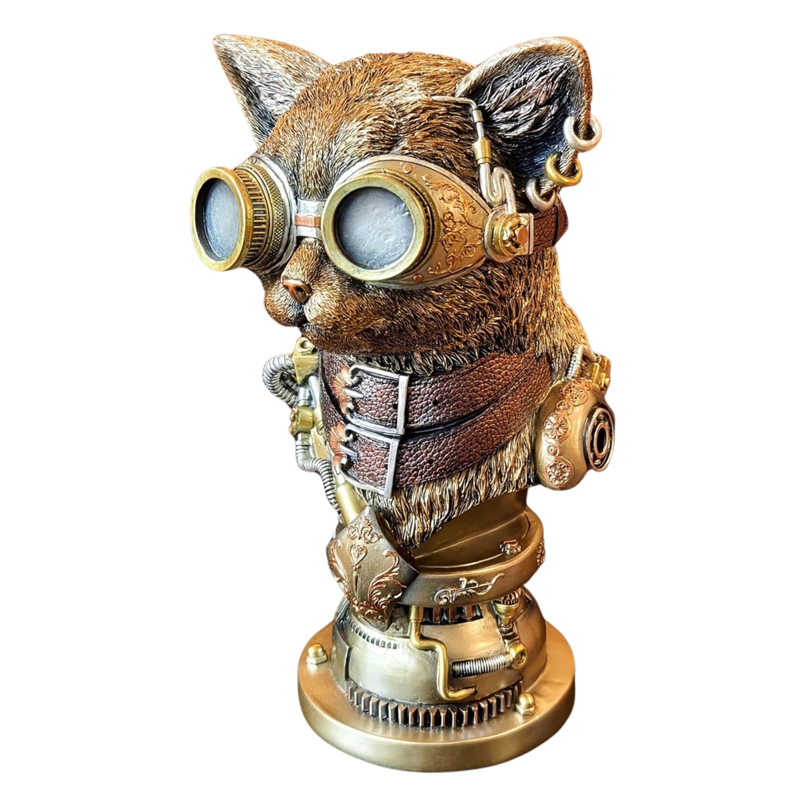 Resin Steampunk Cat Figurine with Goggles and Mechanical Base