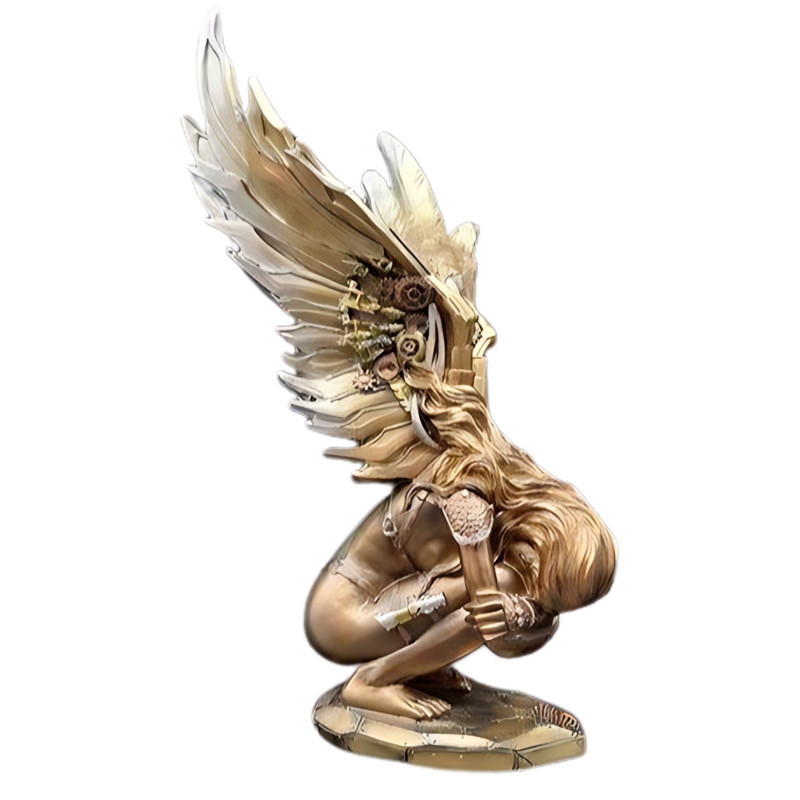 Steampunk Resin Figurine of a Squatting Angel with Metallic Wings