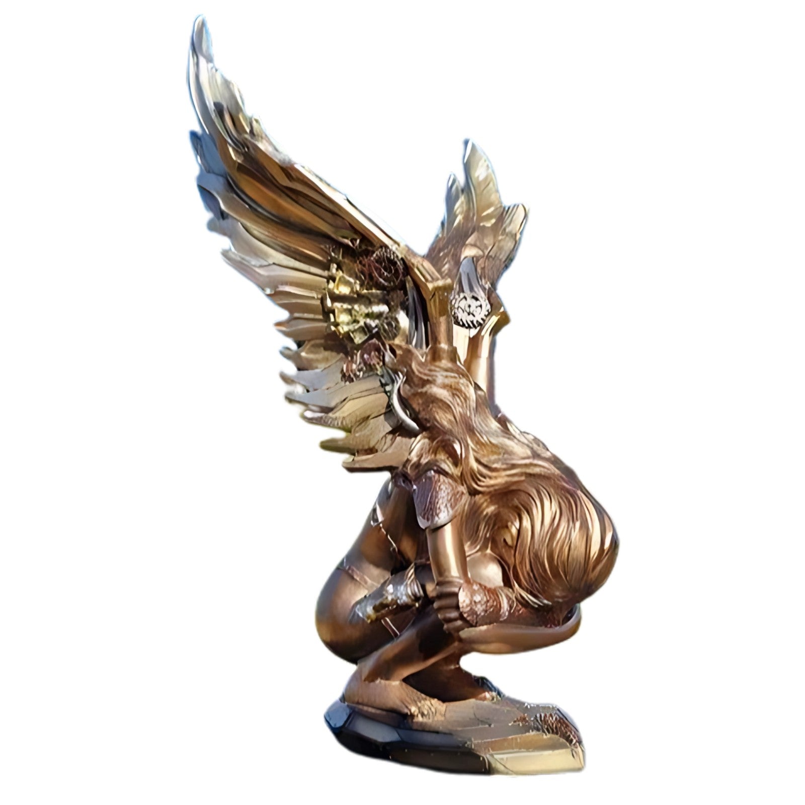 Steampunk Resin Figurine of a Squatting Angel with Metallic Wings