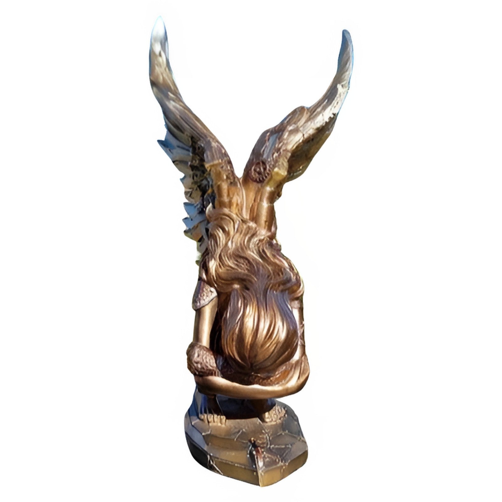 Steampunk Resin Figurine of a Squatting Angel with Metallic Wings