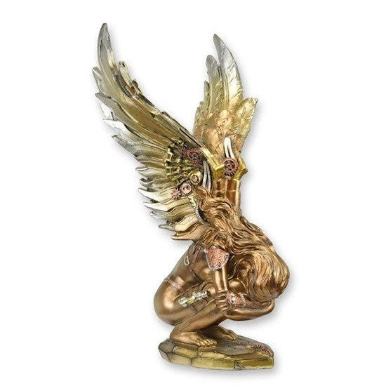 Steampunk Resin Figurine of a Squatting Angel with Metallic Wings