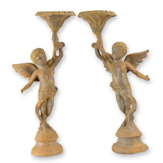 Pair of Rusty Cast Iron Putti Candlestands | Curios & Collectibles