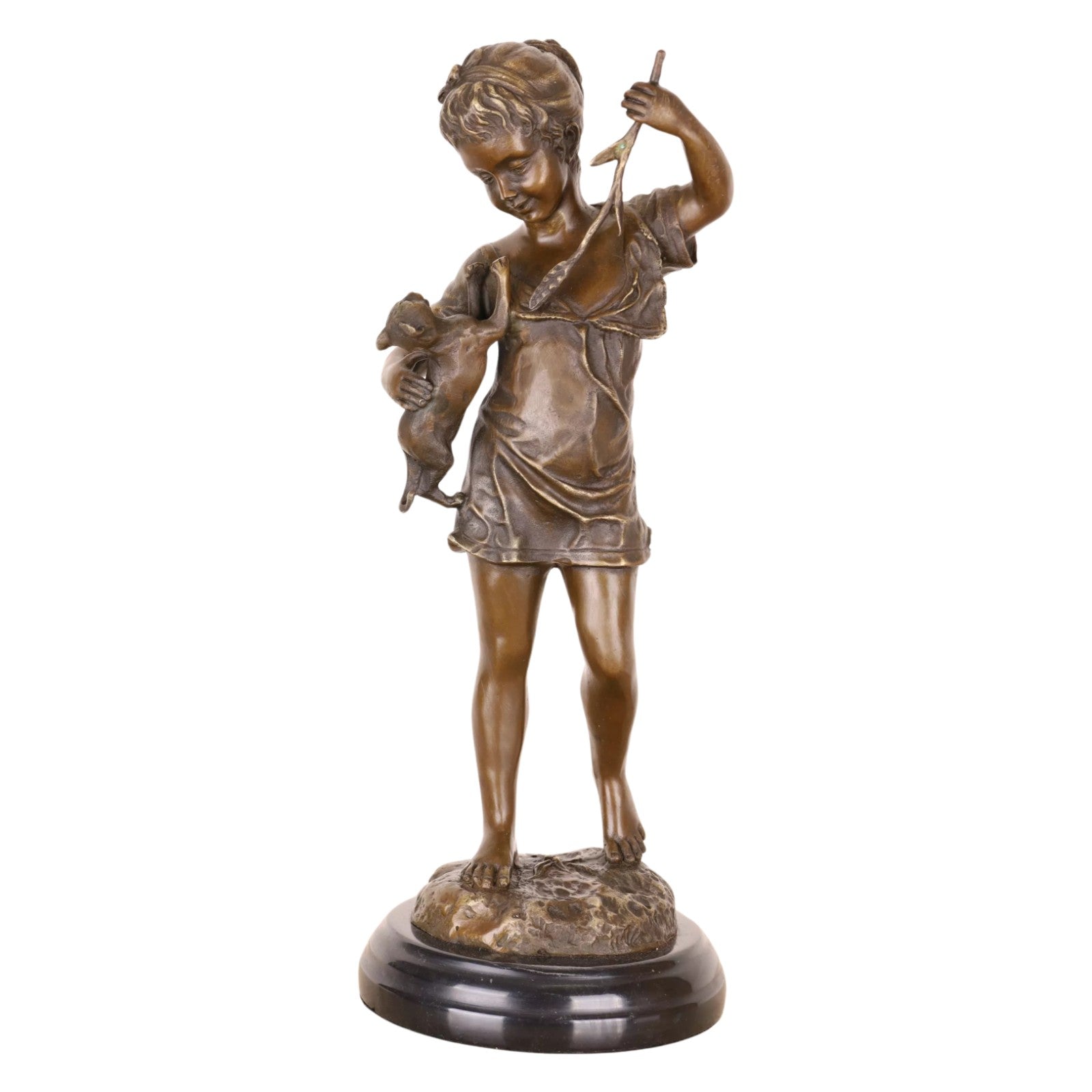 Bronze Sculpture of a Young Girl Playing with a Cat, Animal Sculptures