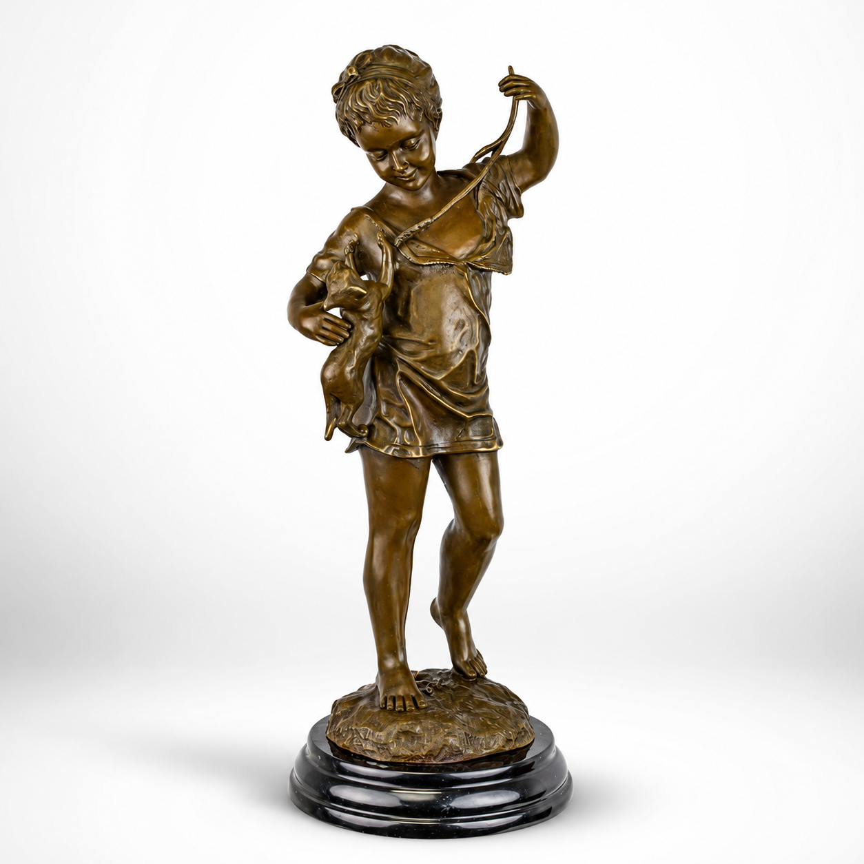 Bronze Sculpture of a Young Girl Playing with a Cat, Animal Sculptures