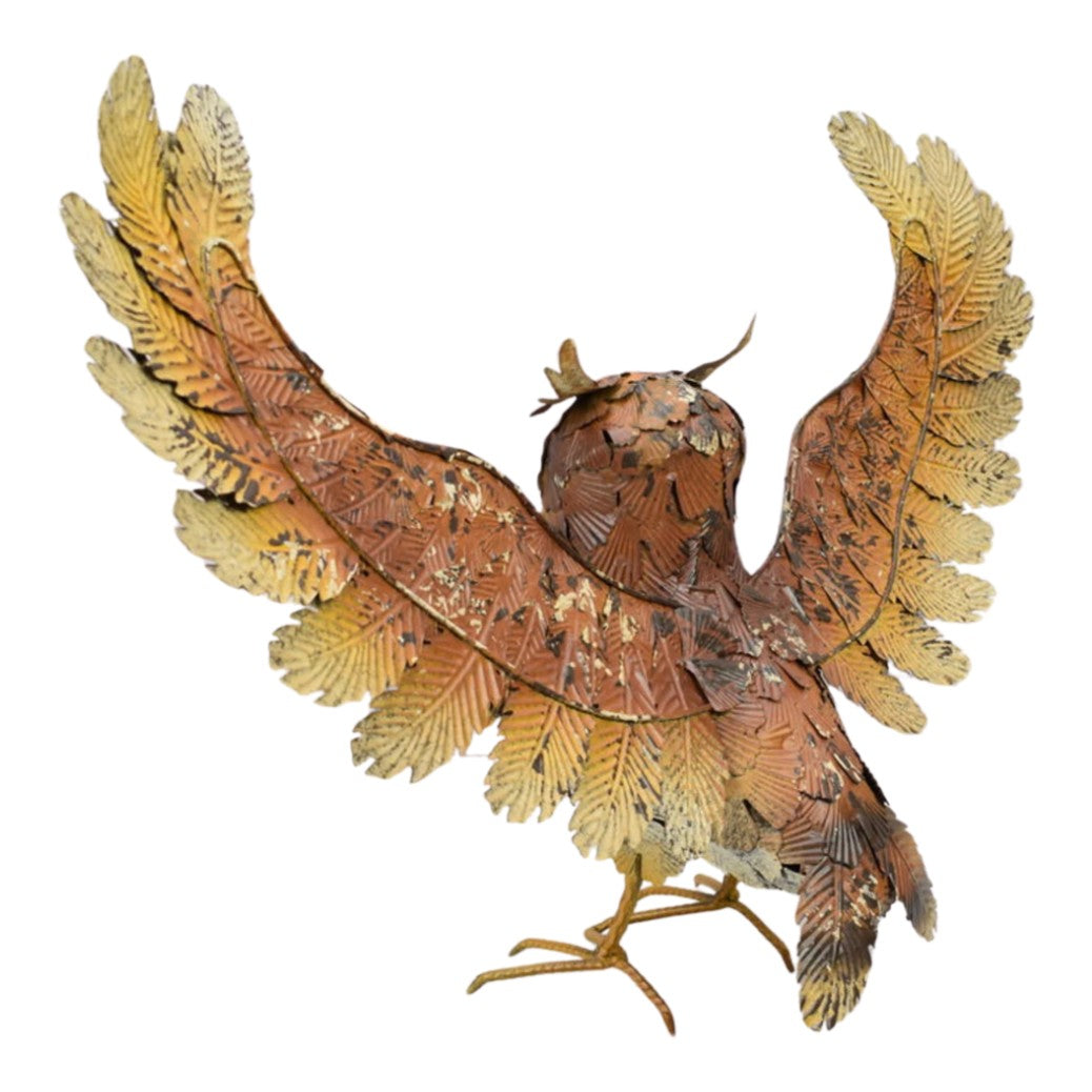 Metal Owl Sculpture with Spread Wings – Rustic Garden or Wall Decor