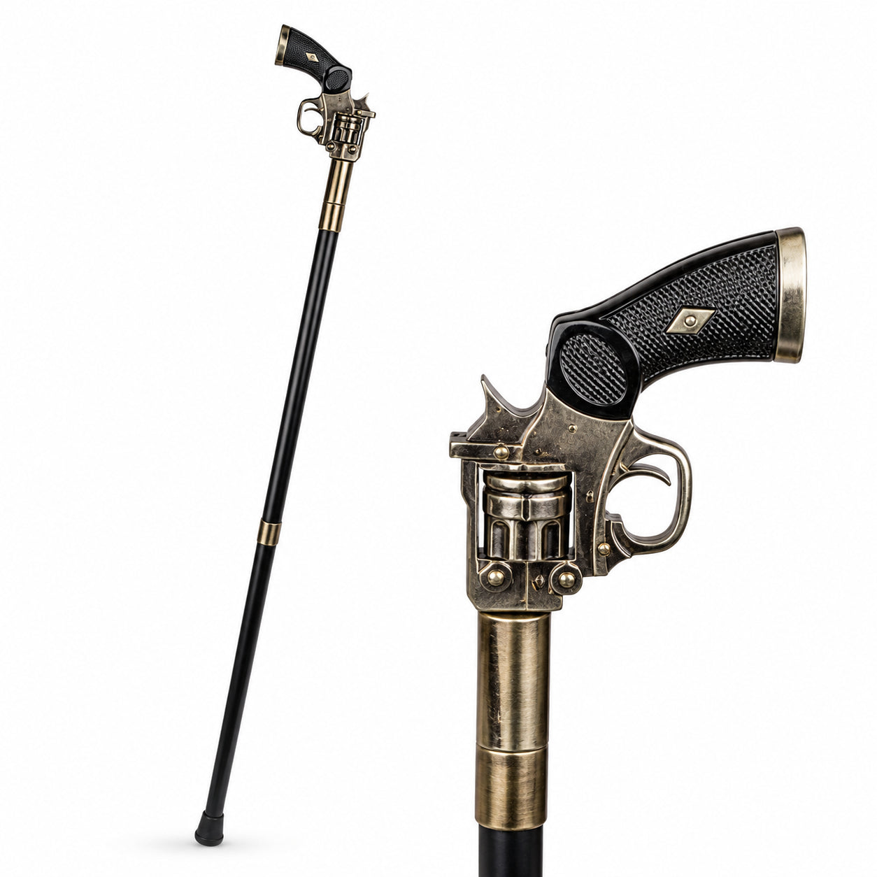 Decorative black walking cane with an antique brass vintage revolver-shaped handle shown against a white background.