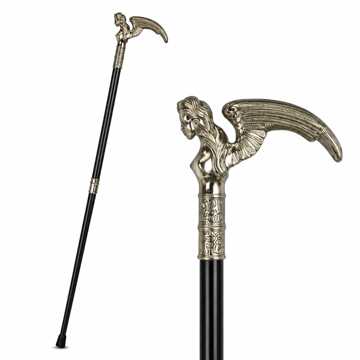 Decorative black walking cane with an ornate brass winged maiden handle shown in full length and close-up against a white background.