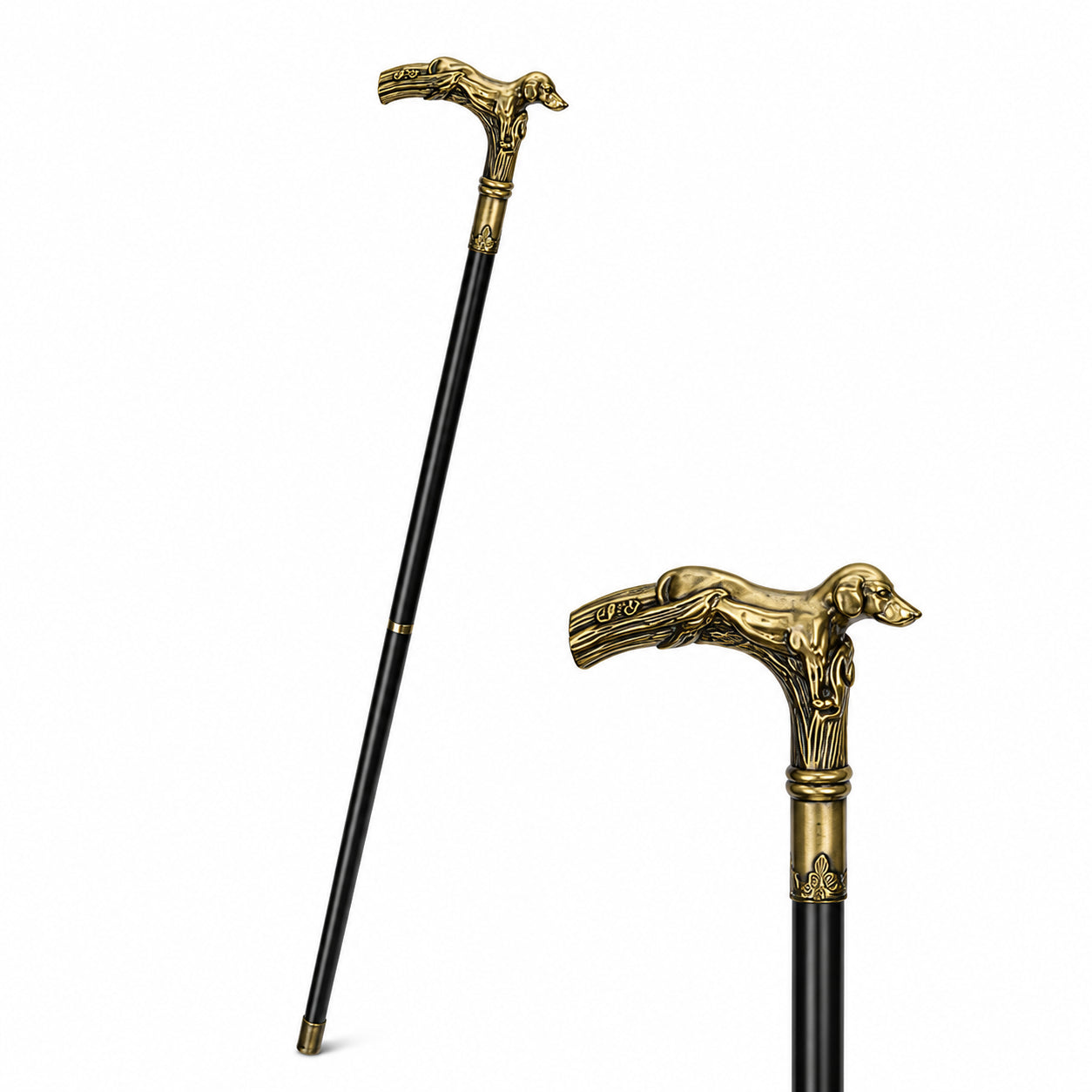 Handcrafted brass walking cane featuring an elegant greyhound handle with a black shaft shown in full length and close-up detail.