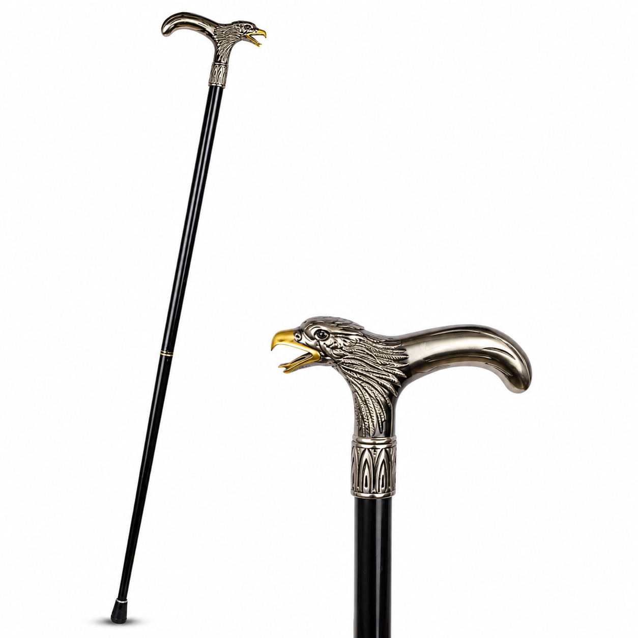Handcrafted decorative cane with a polished brass bald eagle head handle, black shaft, and silver finish shown in full and close-up views.