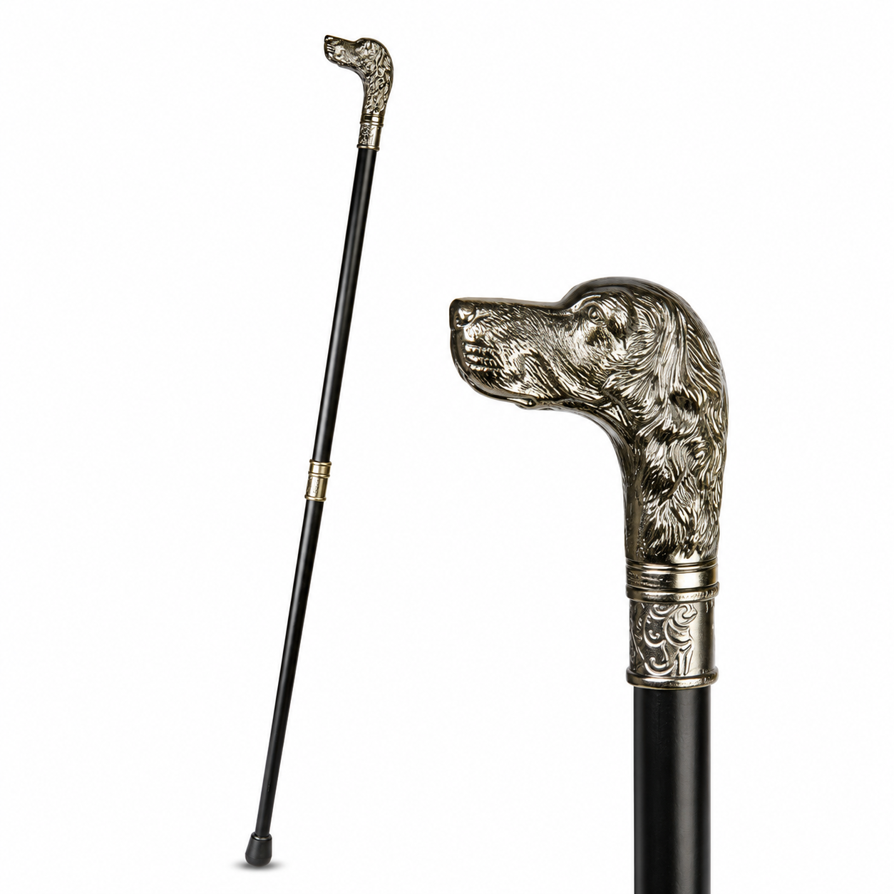 Decorative black walking cane with a silver-colored retriever dog head brass handle shown in full length with a detailed close-up of the handle.