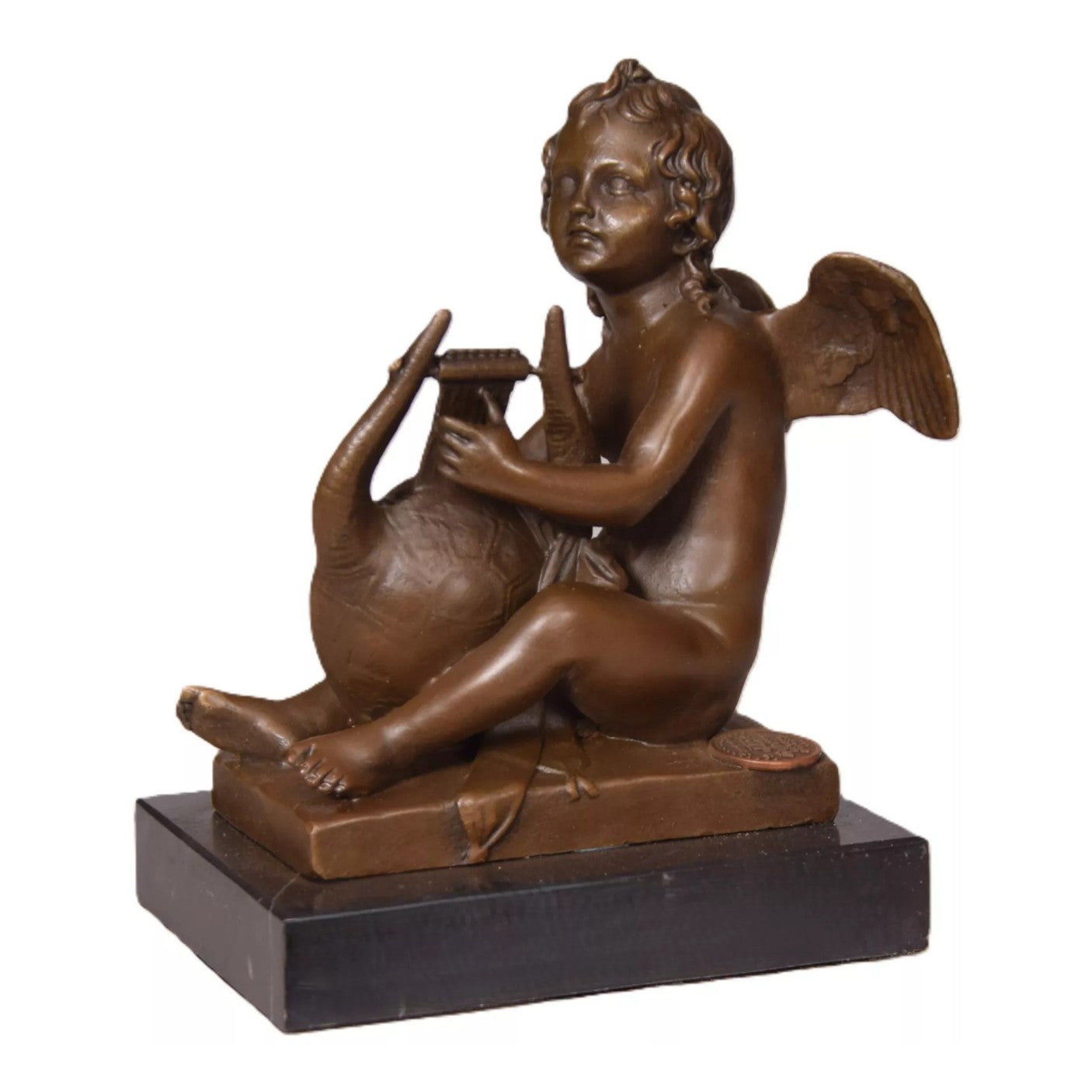 Bronze Sculpture of a Sitting Angel Playing the Lyre, Mythology & Deit