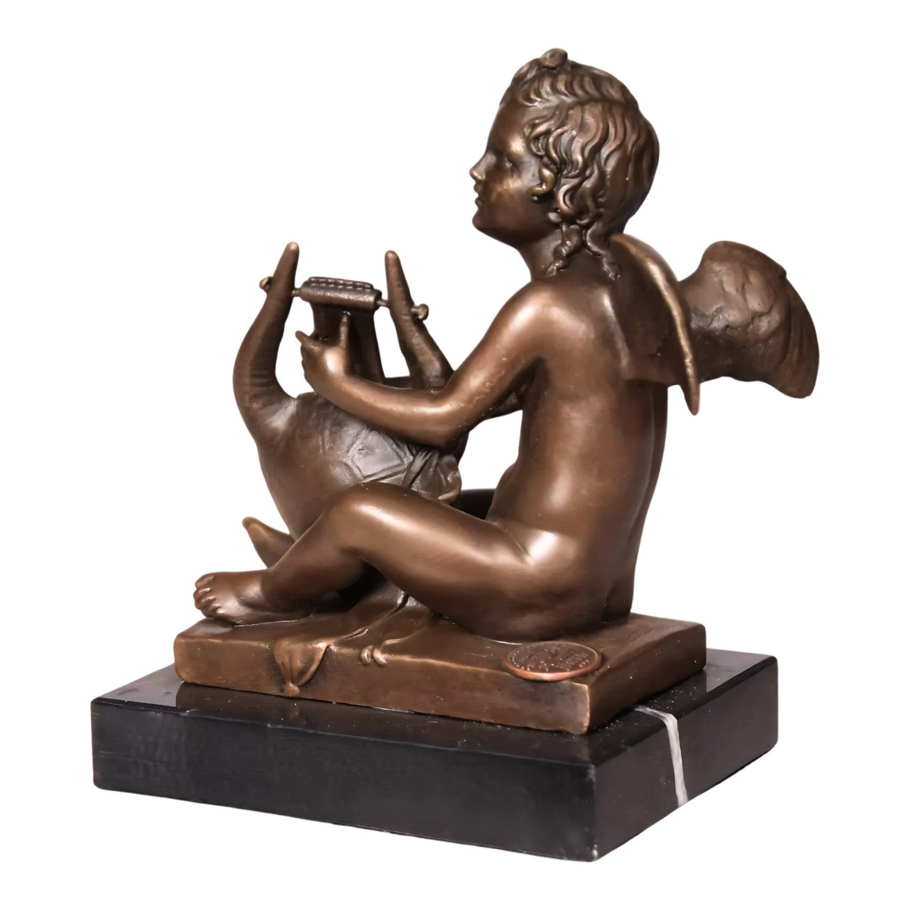 Bronze Sculpture of a Sitting Angel Playing the Lyre, Mythology & Deit