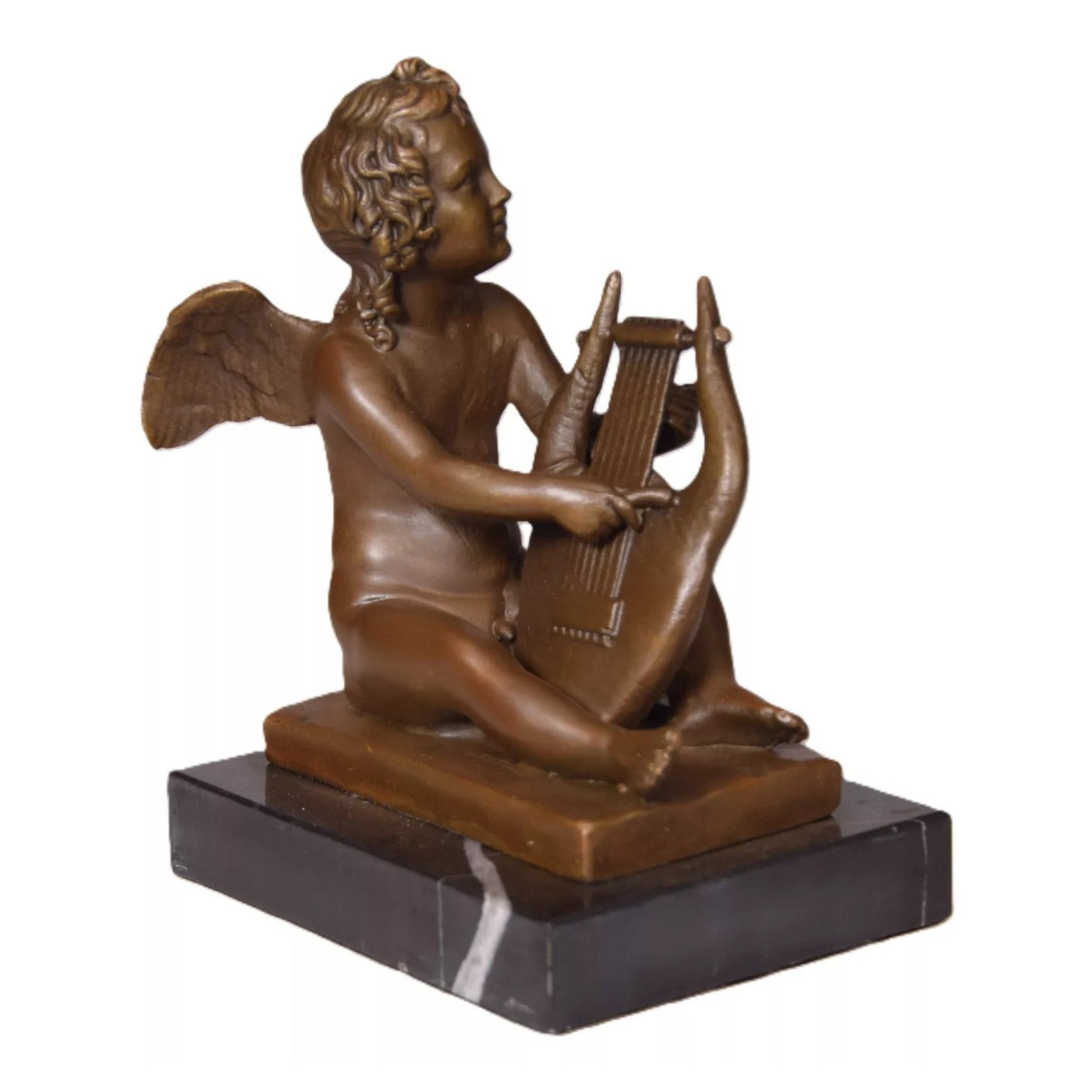 Bronze Sculpture of a Sitting Angel Playing the Lyre, Mythology & Deit