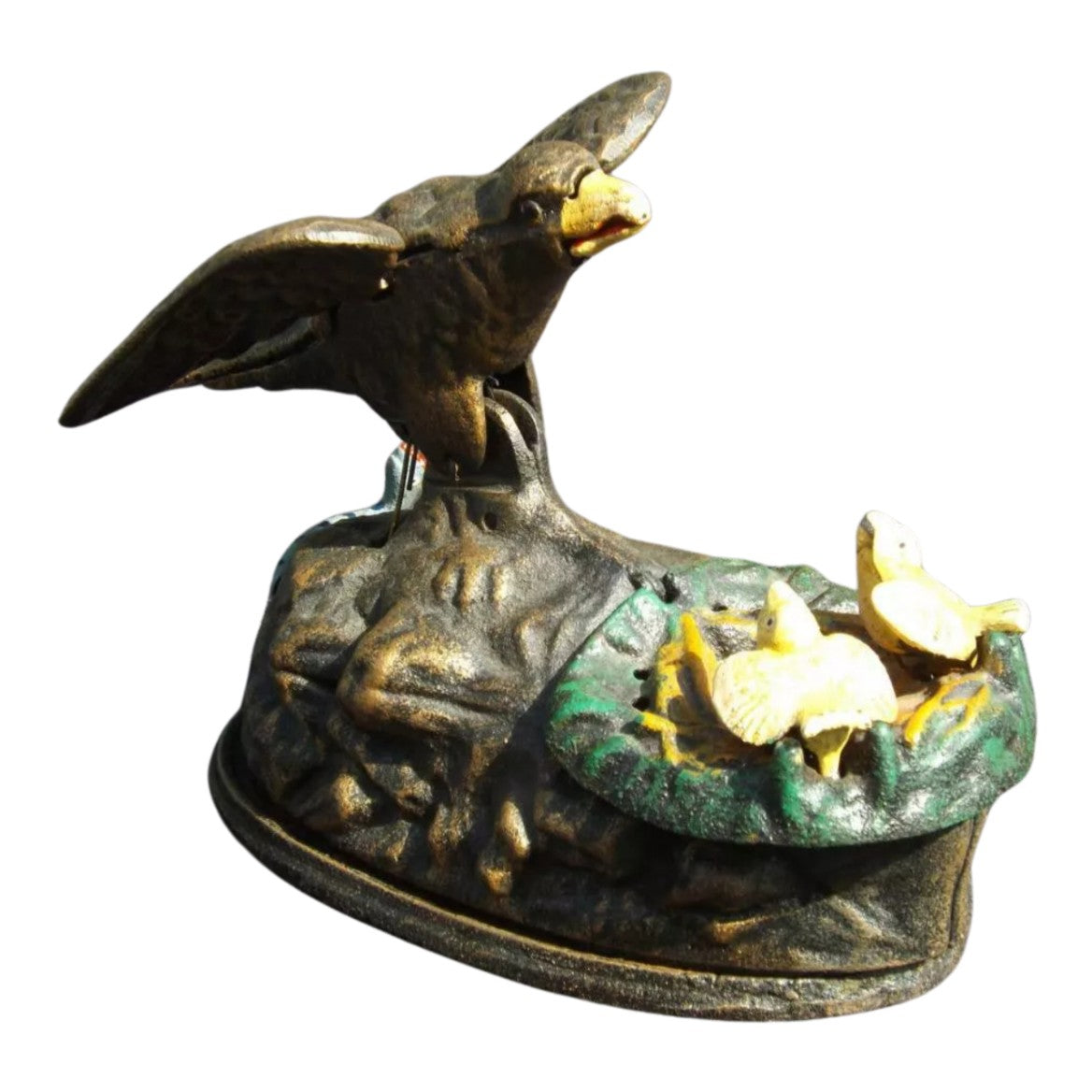 Cast Iron Mechanical Bank – Eagle Feeding Her Eaglets, Animal Sculptur