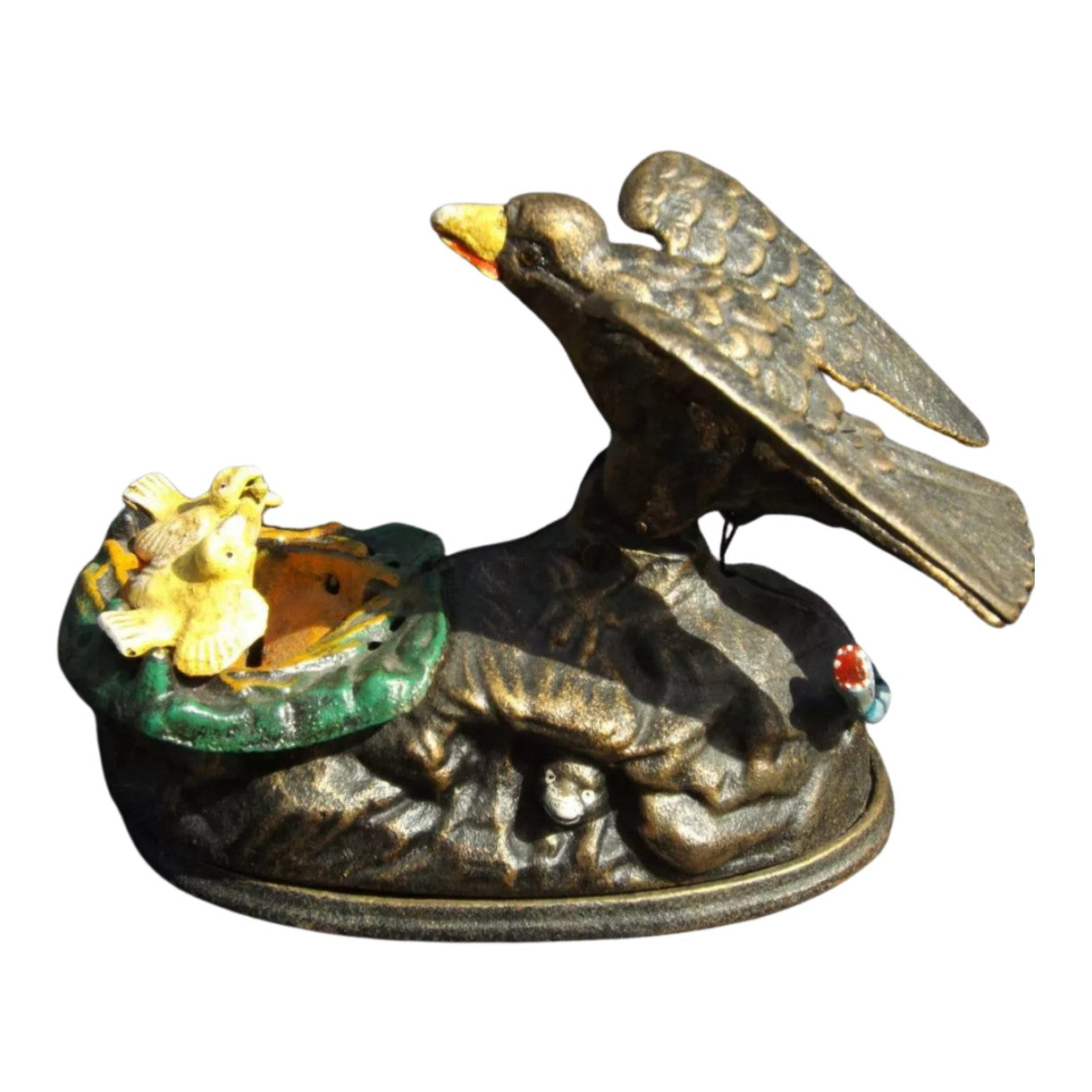 Cast Iron Mechanical Bank – Eagle Feeding Her Eaglets, Animal Sculptur