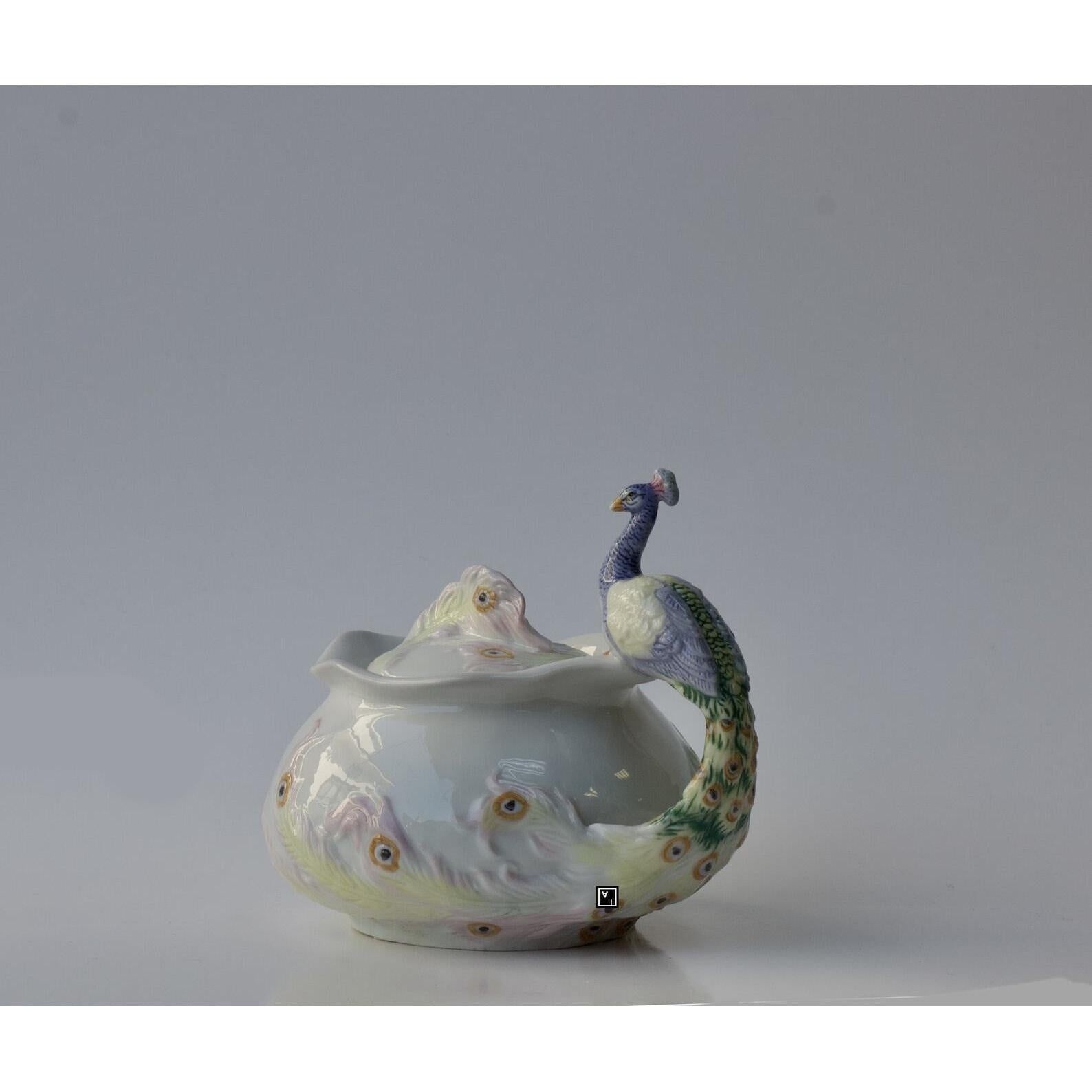 Peacock Sugar Bowl with Lid. Fine Porcelain Peacock Pitcher