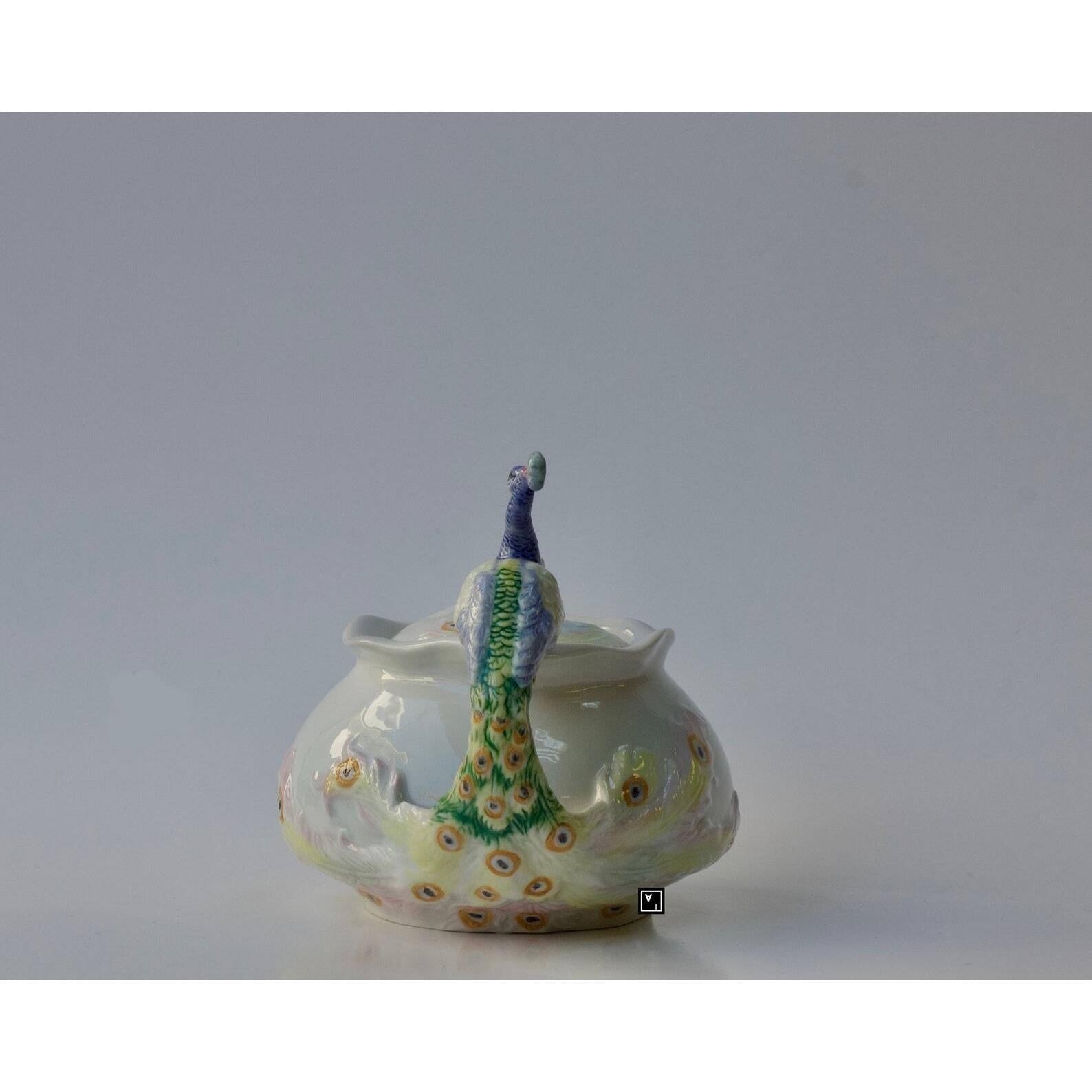 Peacock Sugar Bowl with Lid. Fine Porcelain Peacock Pitcher