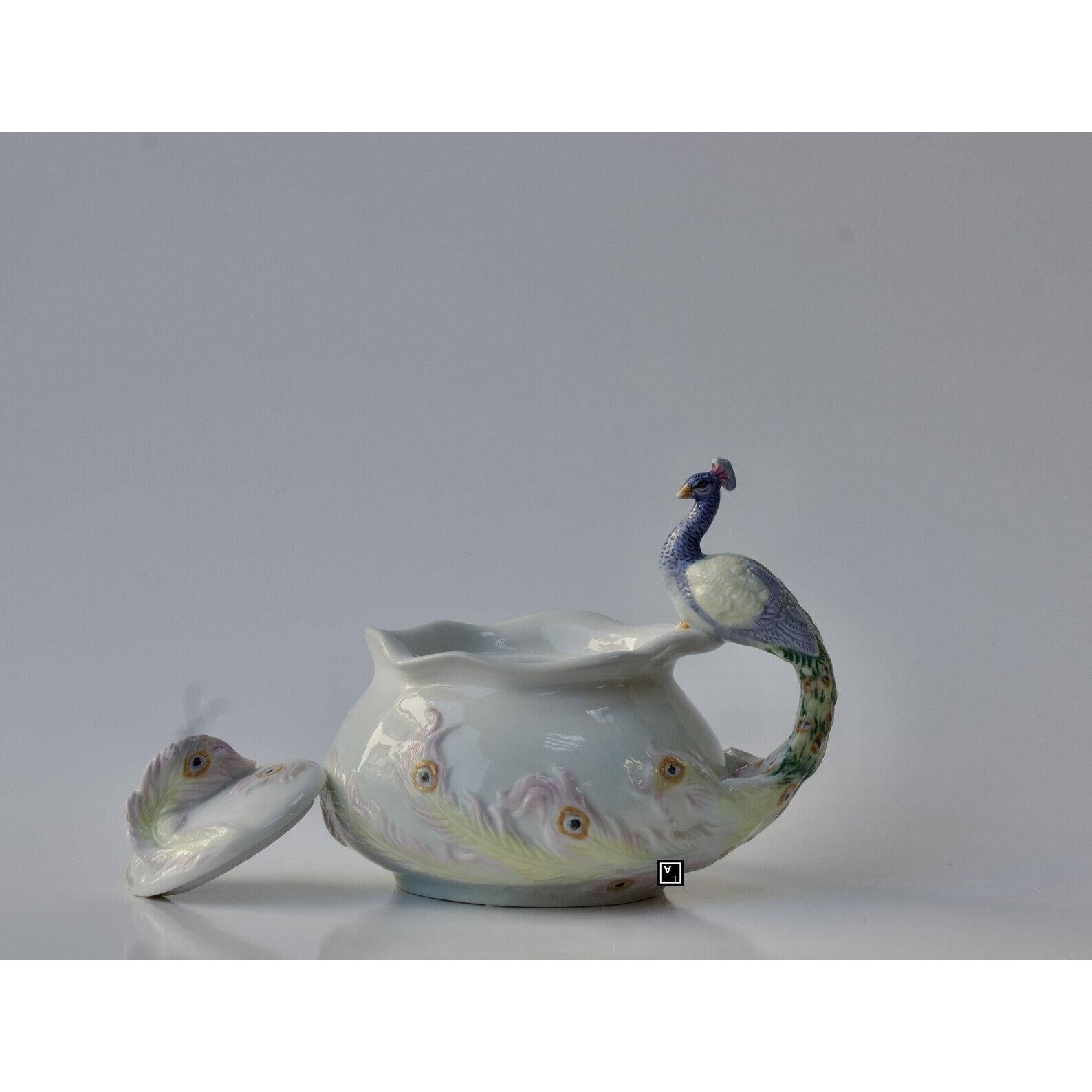 Peacock Sugar Bowl with Lid. Fine Porcelain Peacock Pitcher
