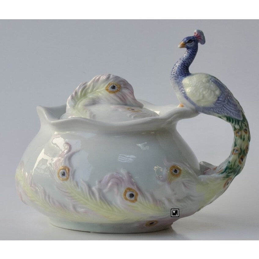 Peacock Sugar Bowl with Lid. Fine Porcelain Peacock Pitcher