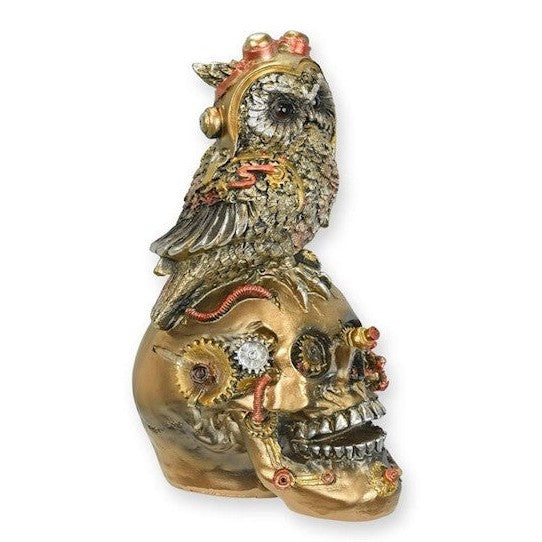 Resin Steampunk Skull with Owl Figurine and Gear Details