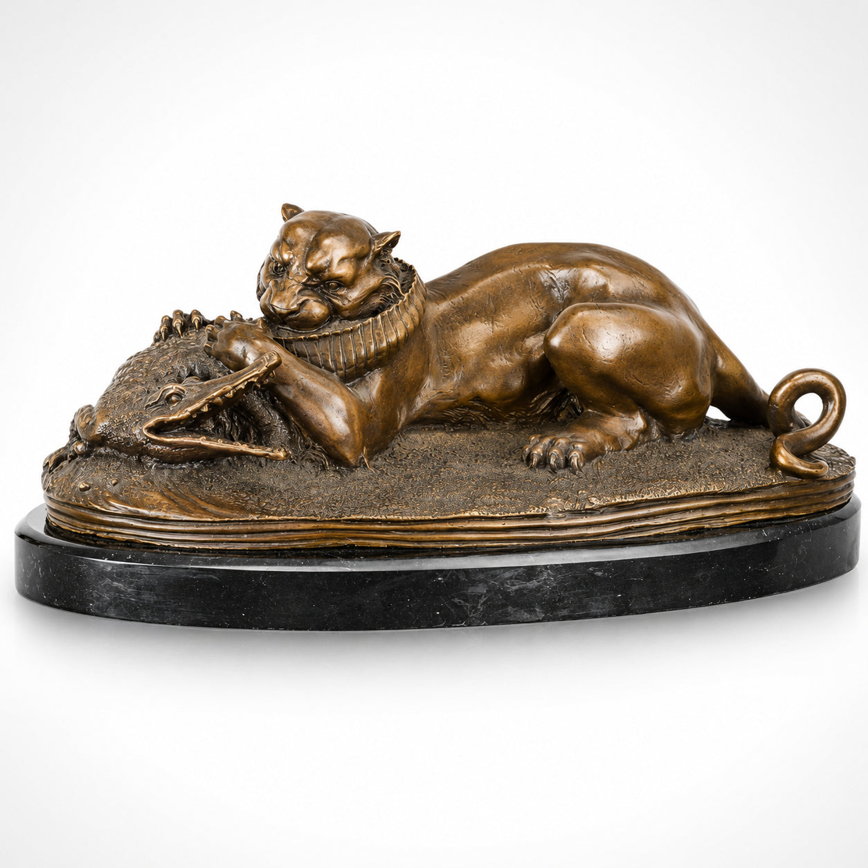 Bronze Sculpture of a Tiger Devouring a Gavial of the Gang. Animal