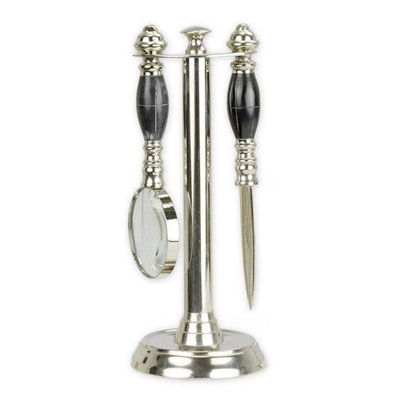 Desk Magnifying Glass and Letter Opener Set on Stand – Silver Finish