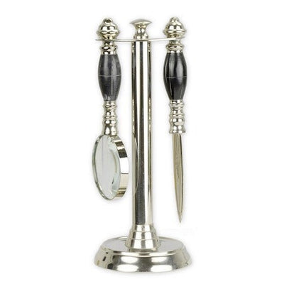 Desk Magnifying Glass and Letter Opener Set on Stand – Silver Finish