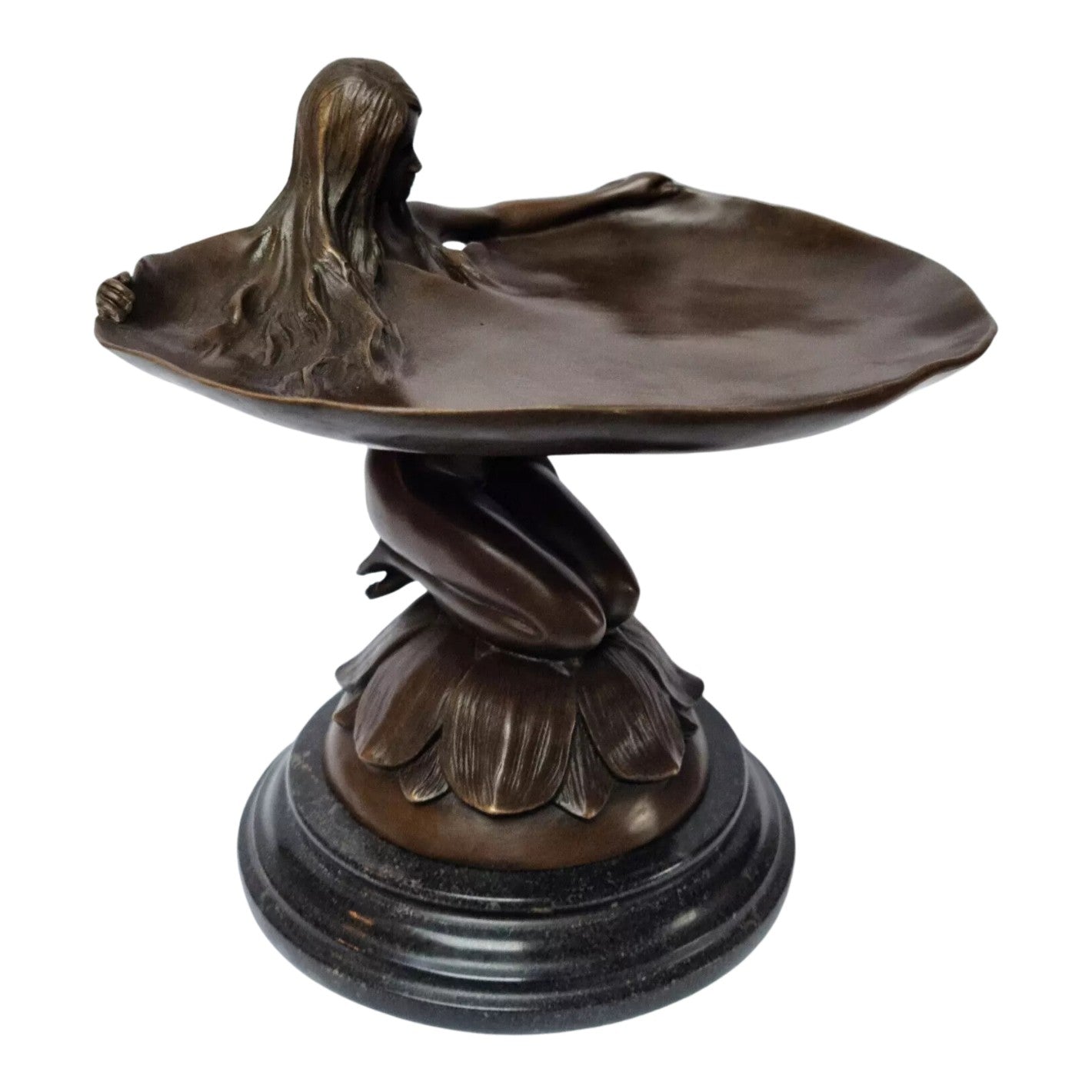 Lotus Maiden Pedestal Bowl | Handcrafted Bronze Decor
