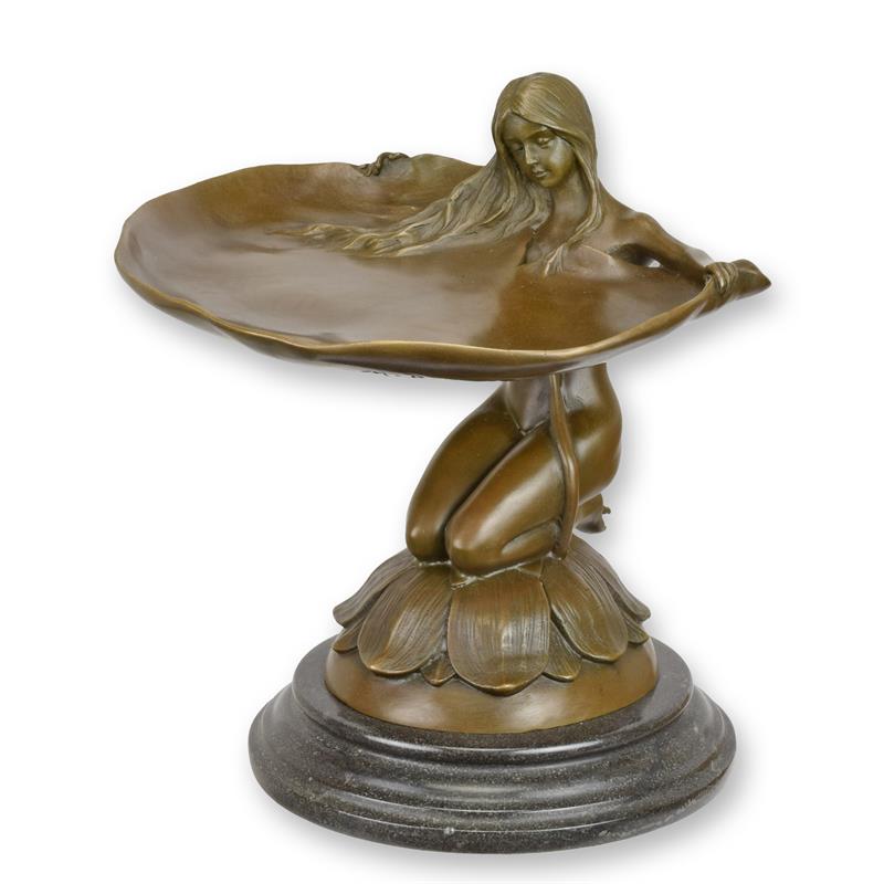 Lotus Maiden Pedestal Bowl | Handcrafted Bronze Decor