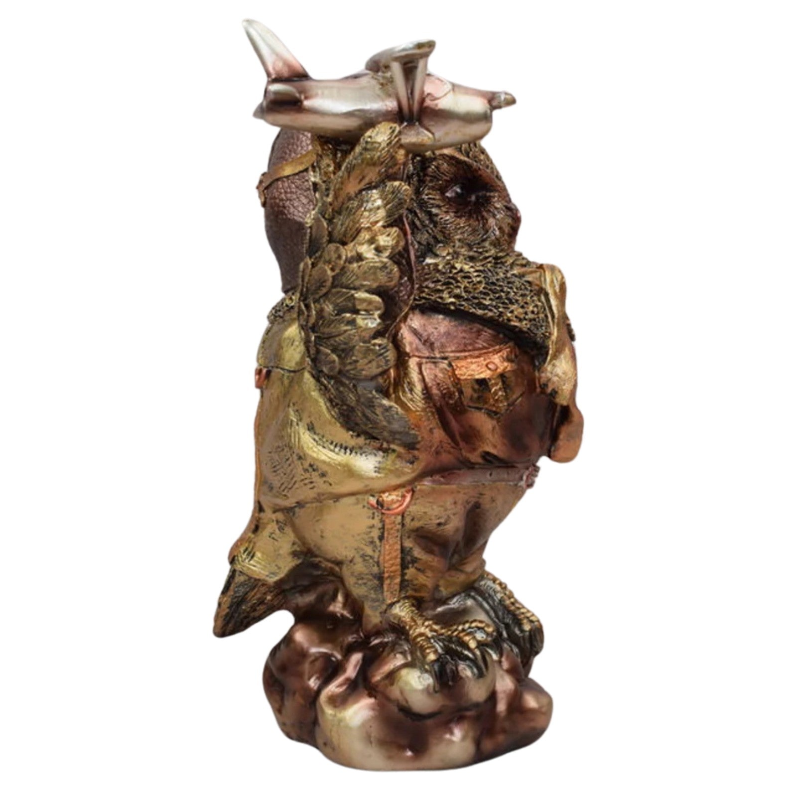 Resin Steampunk Owl Figurine Holding Airplane | Animal Sculptures