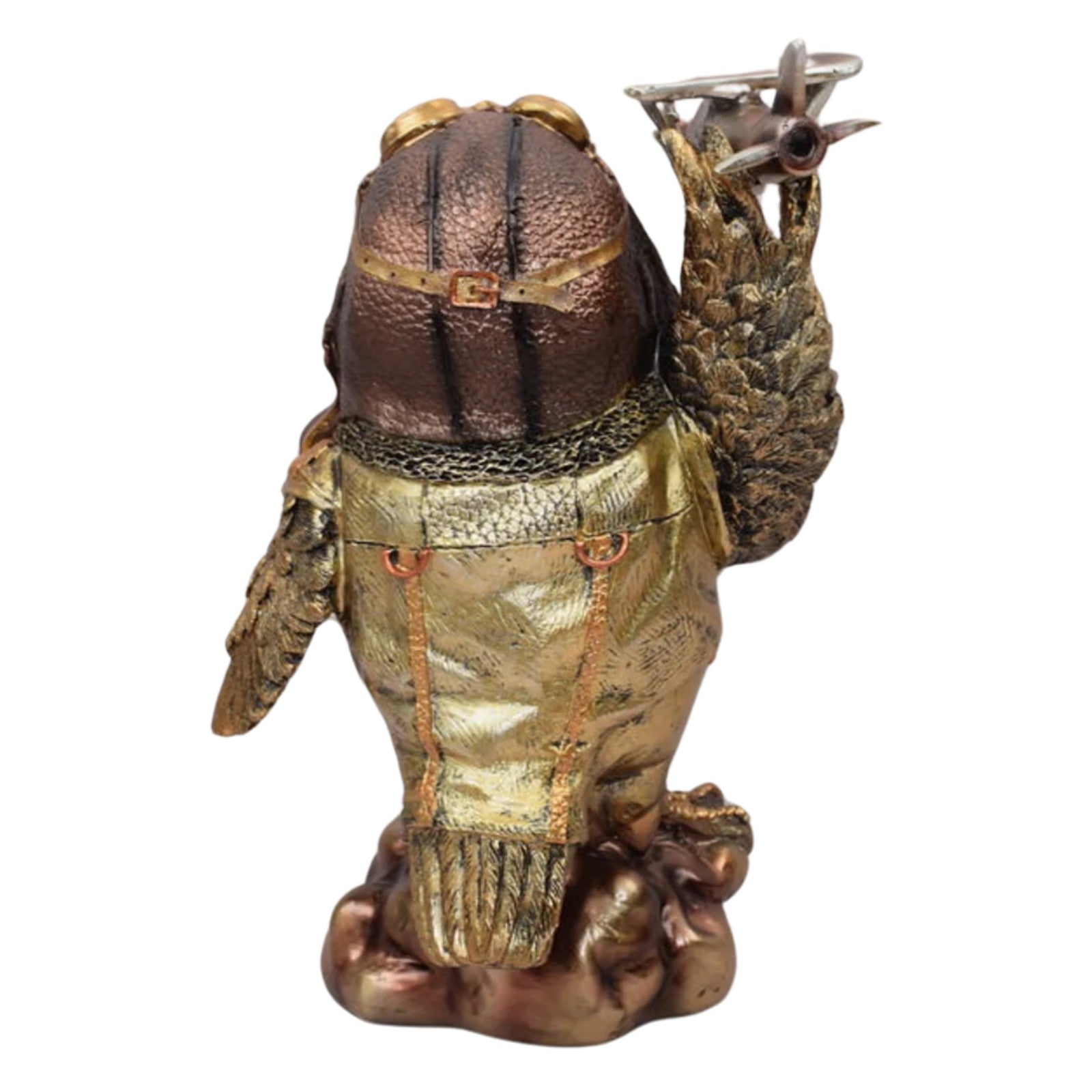 Resin Steampunk Owl Figurine Holding Airplane | Animal Sculptures