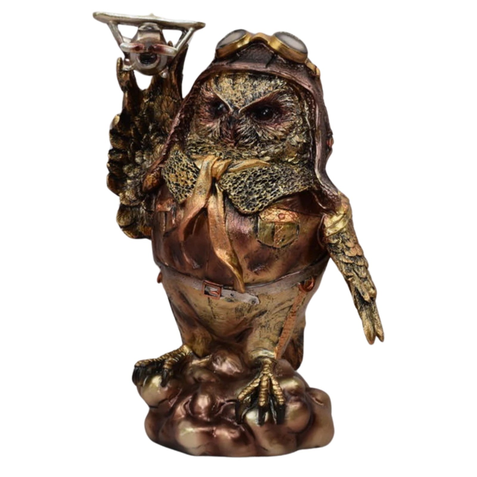 Resin Steampunk Owl Figurine Holding Airplane | Animal Sculptures