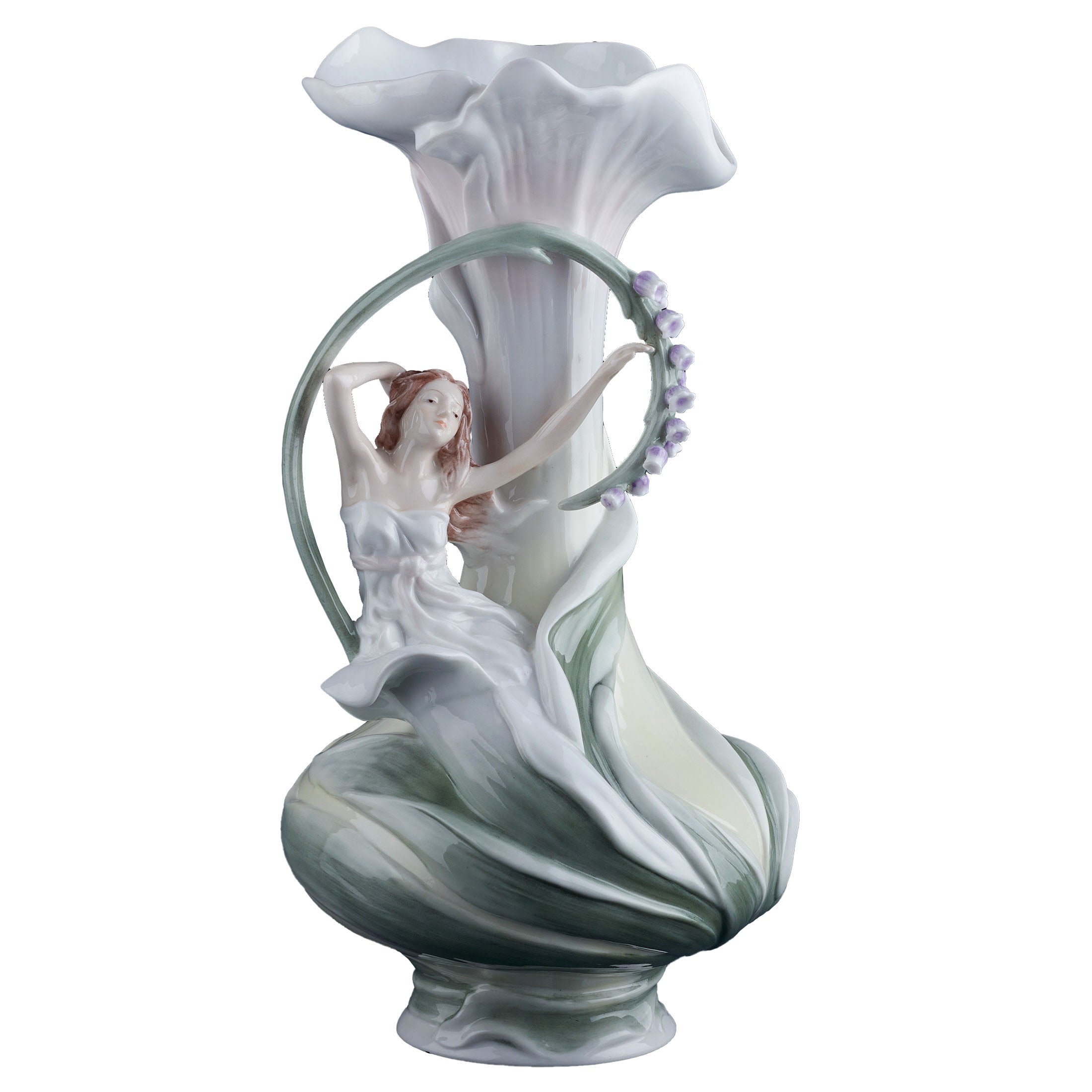Art Nouveau Maiden and Bluebell Flowers Porcelain Vase