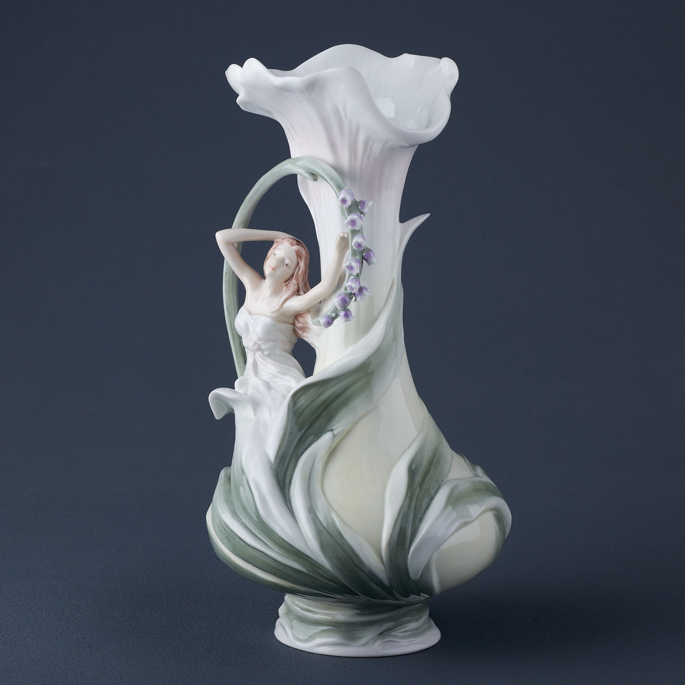 Art Nouveau Maiden and Bluebell Flowers Porcelain Vase