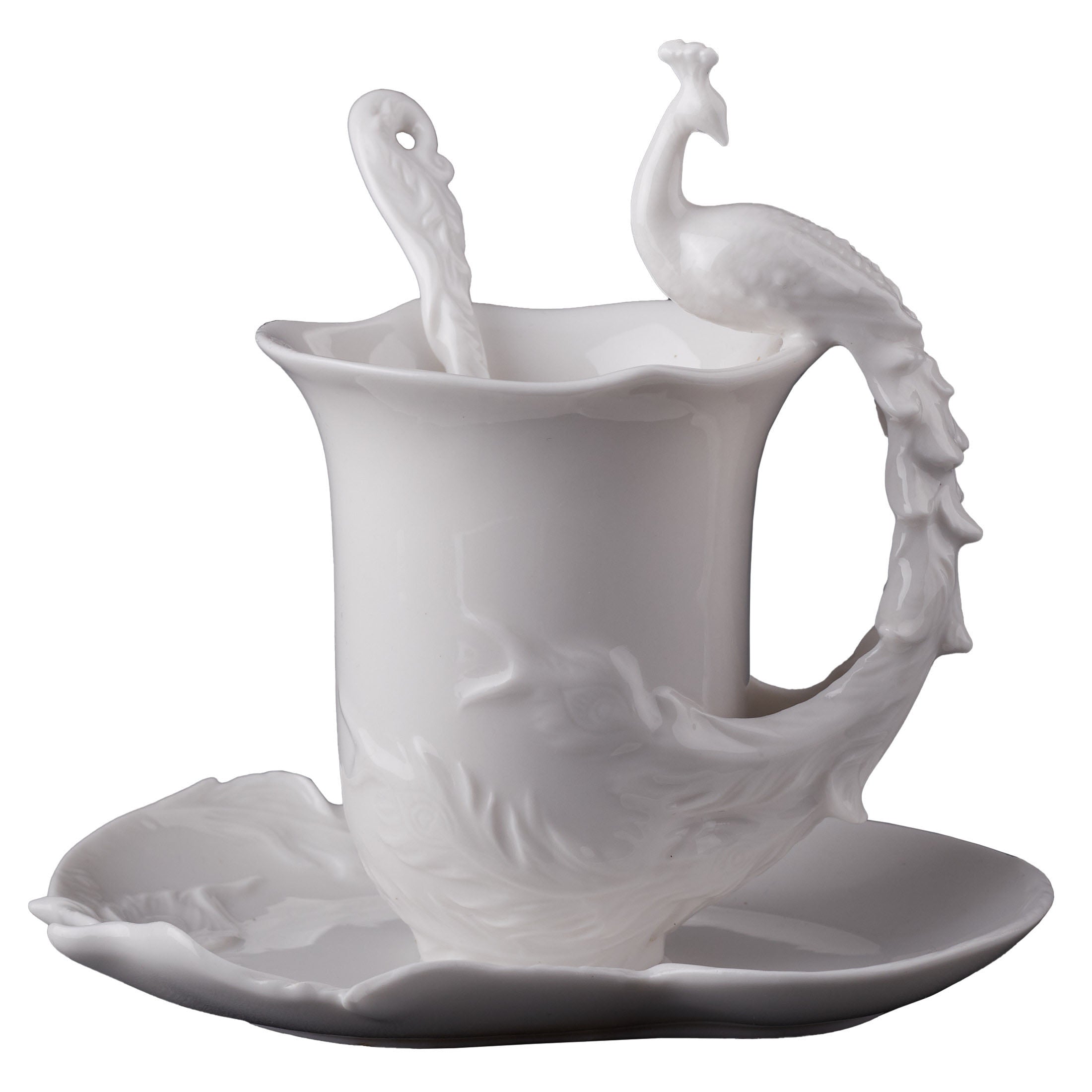 Peacock Coffee Cup Set With Spoon(White)