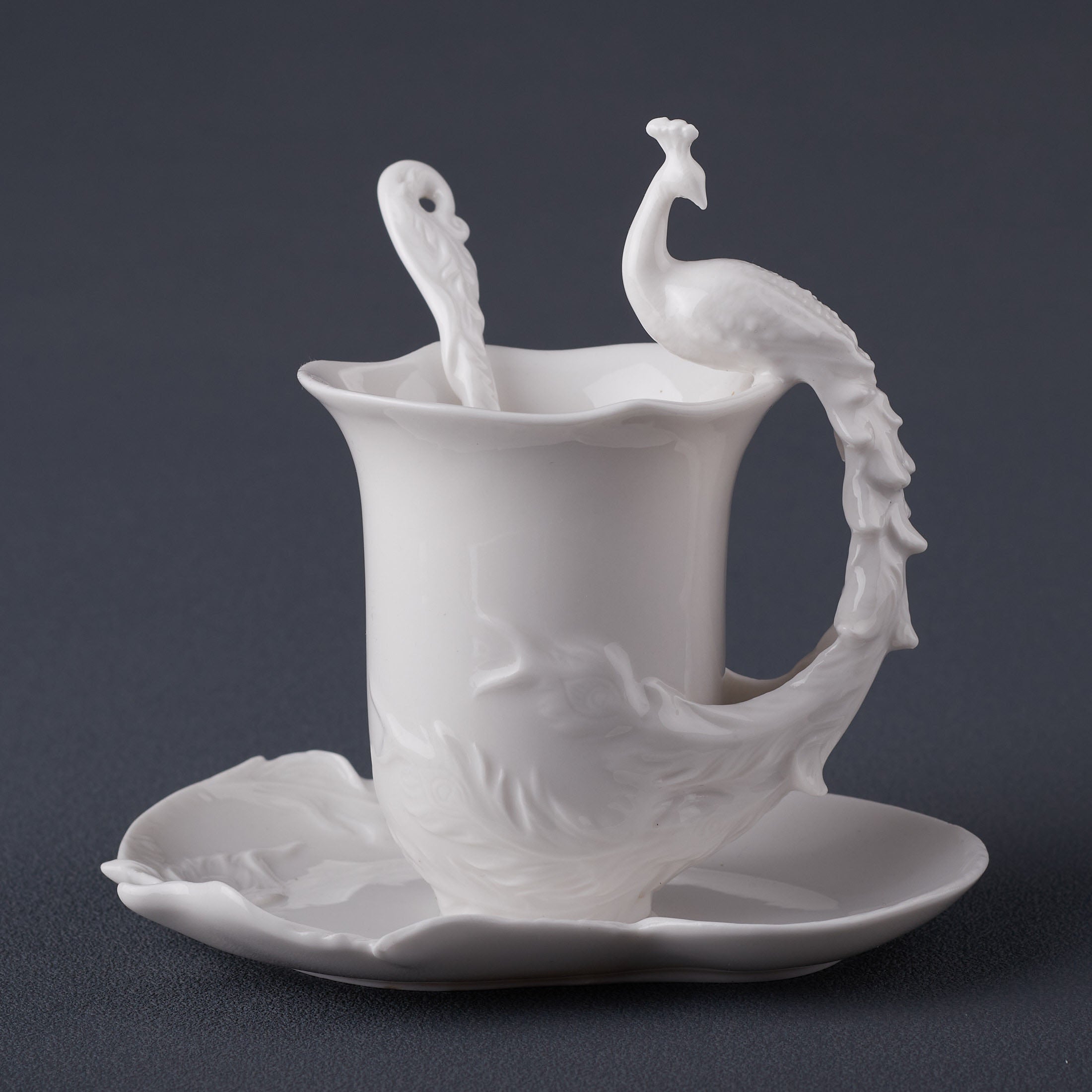 Peacock Coffee Cup Set With Spoon(White)