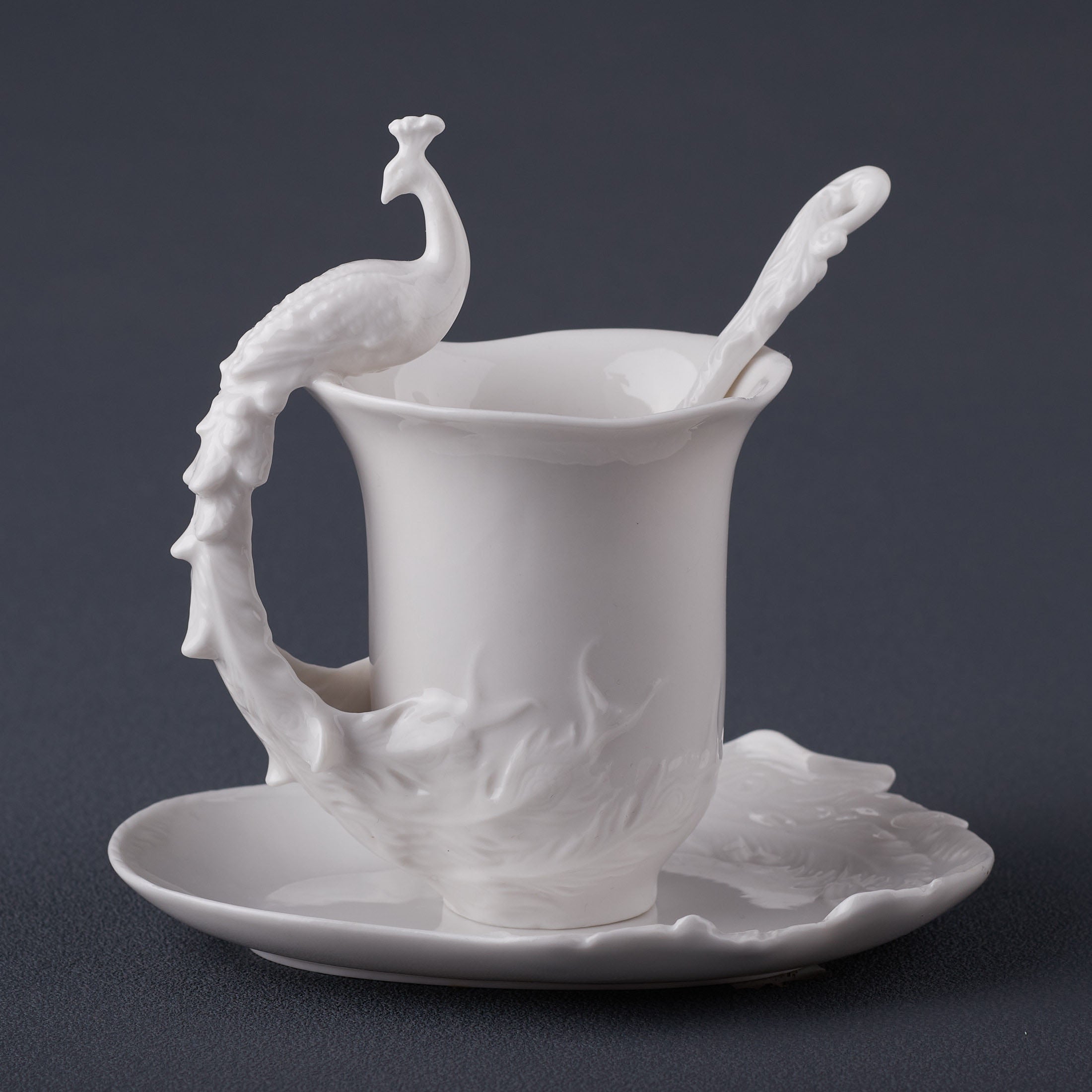 Peacock Coffee Cup Set With Spoon(White)