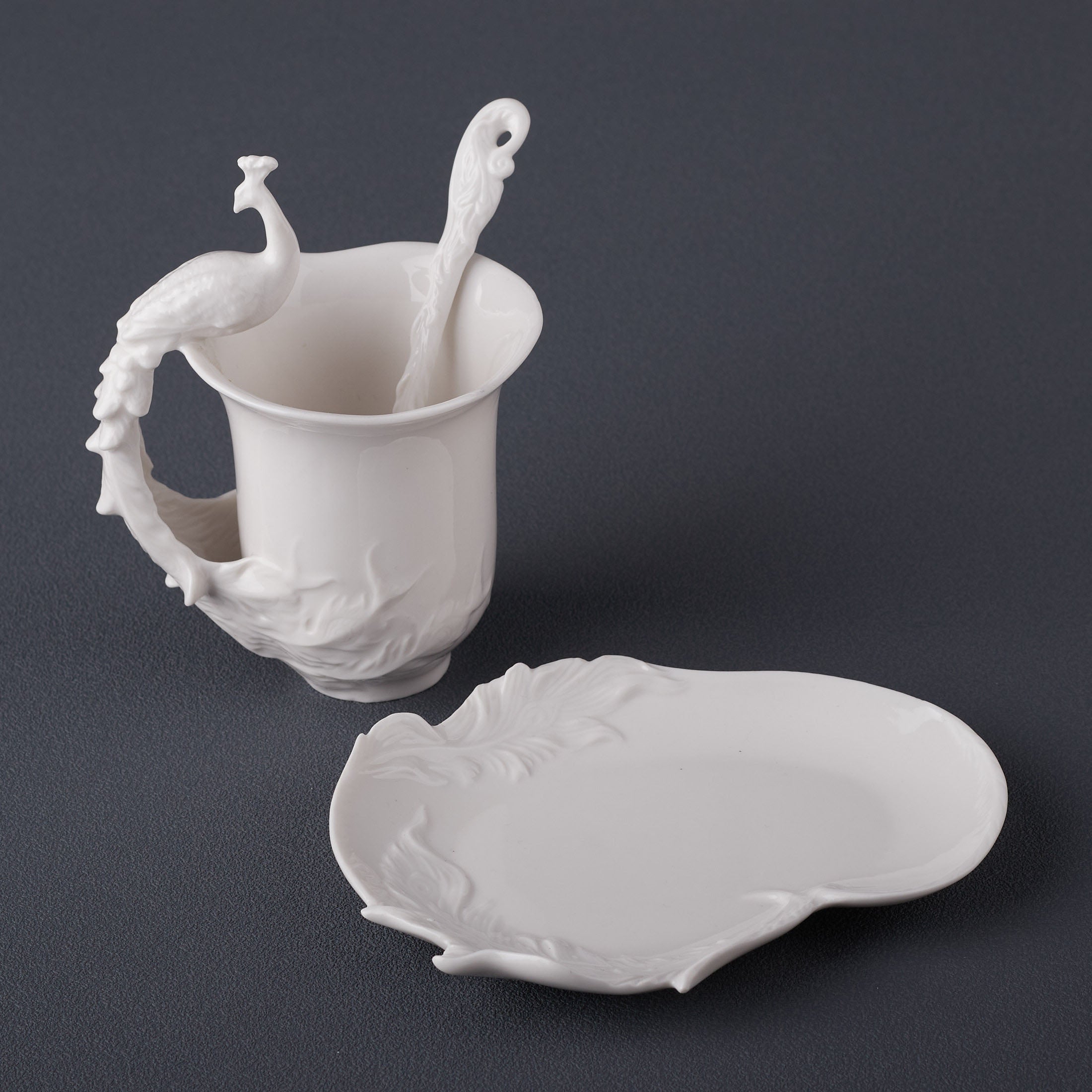 Peacock Coffee Cup Set With Spoon(White)