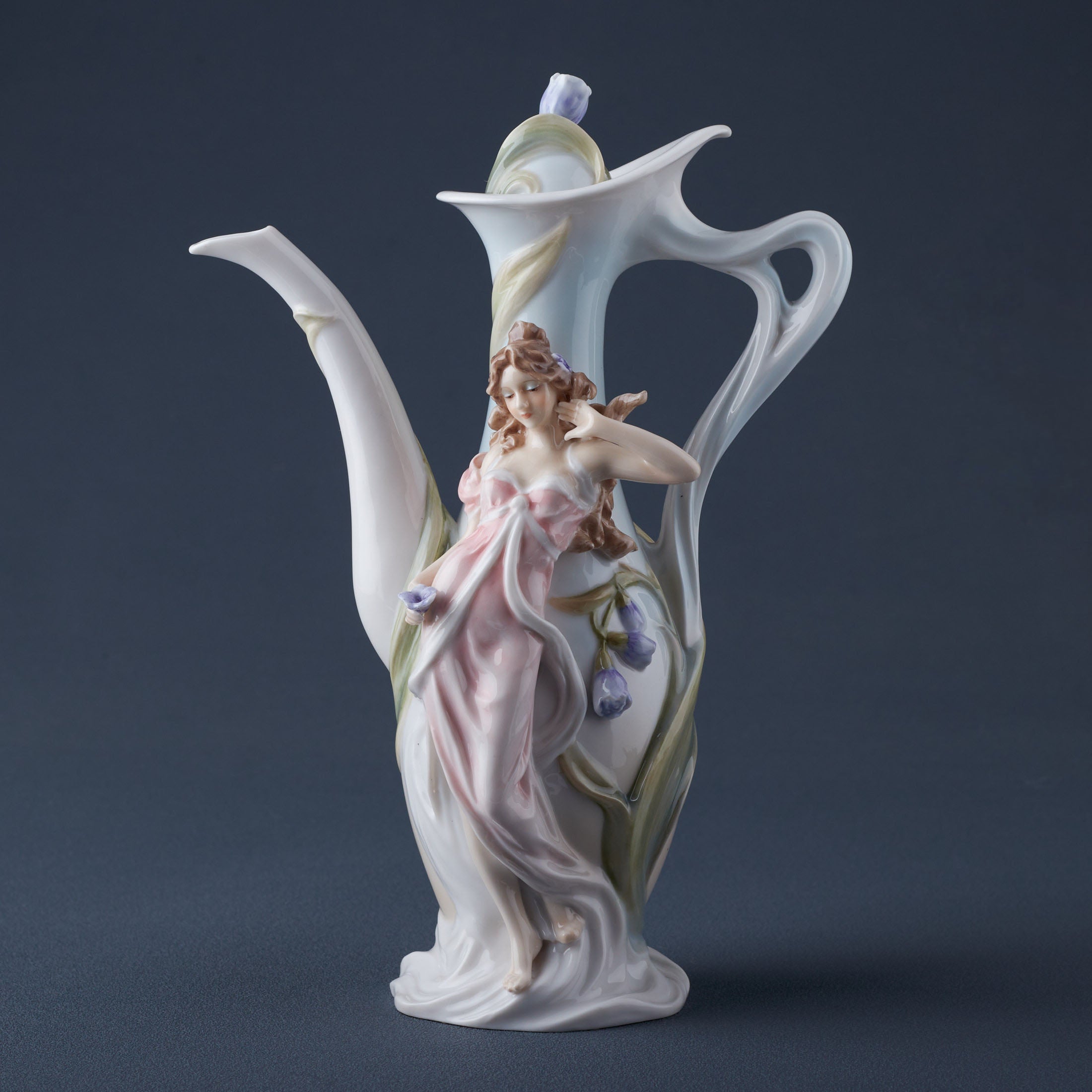Maiden With Purple Freesia Teapot Vase Decor