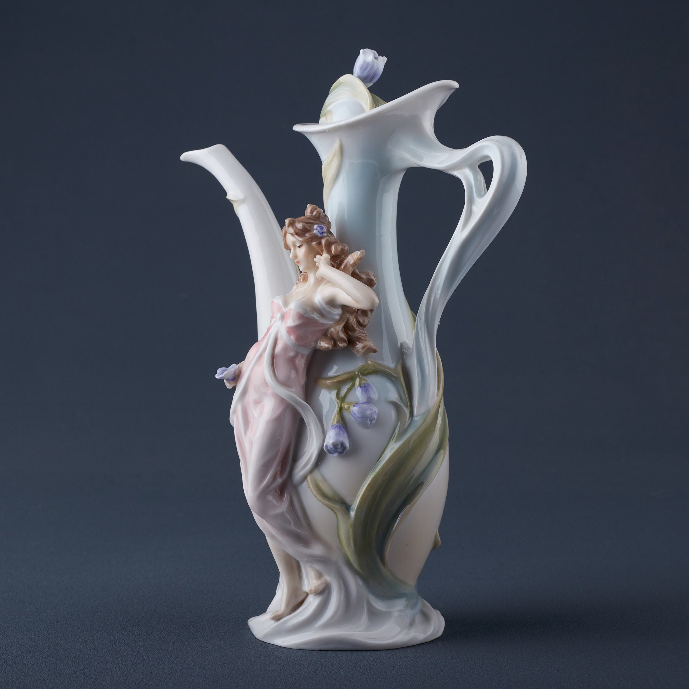 Maiden With Purple Freesia Teapot Vase Decor