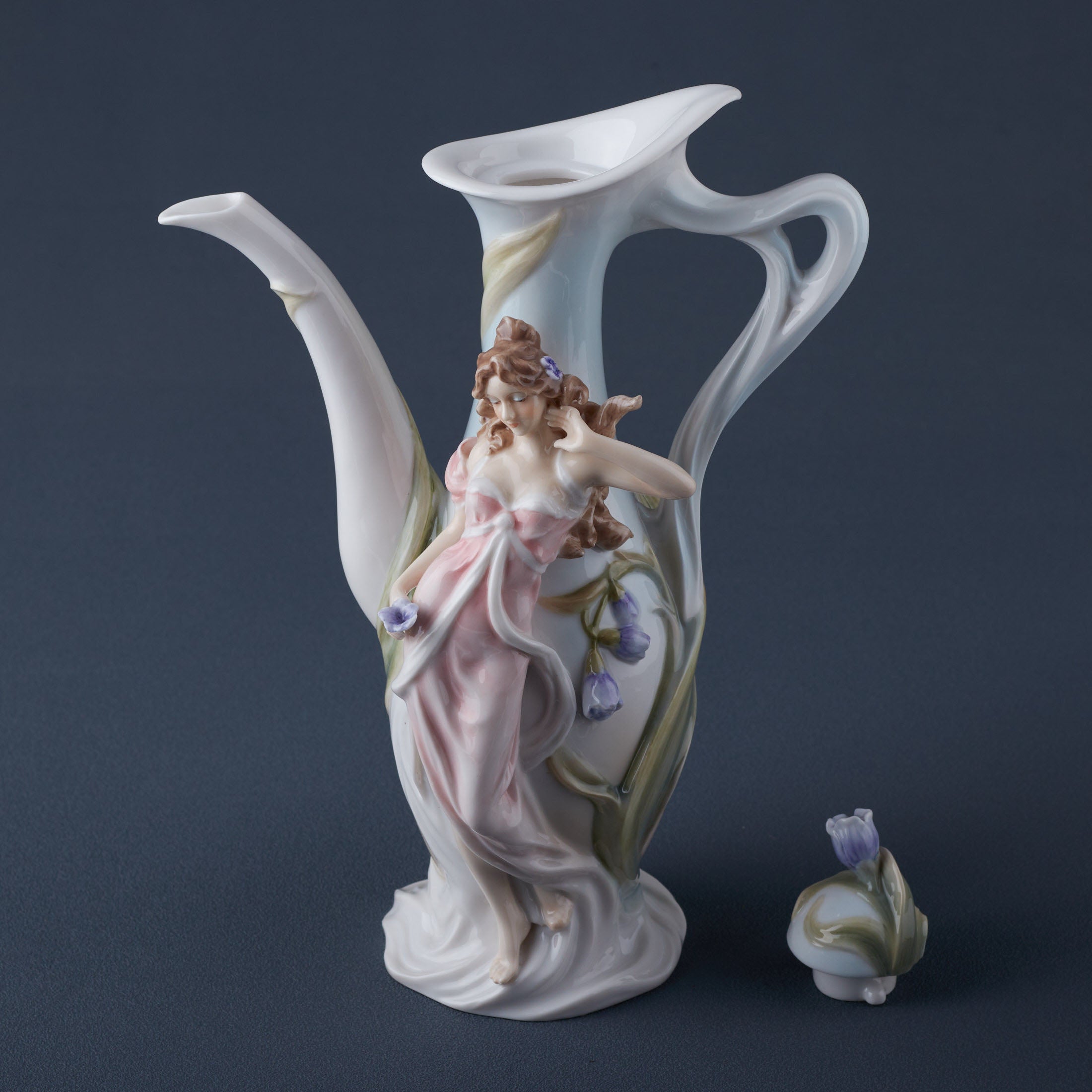 Maiden With Purple Freesia Teapot Vase Decor