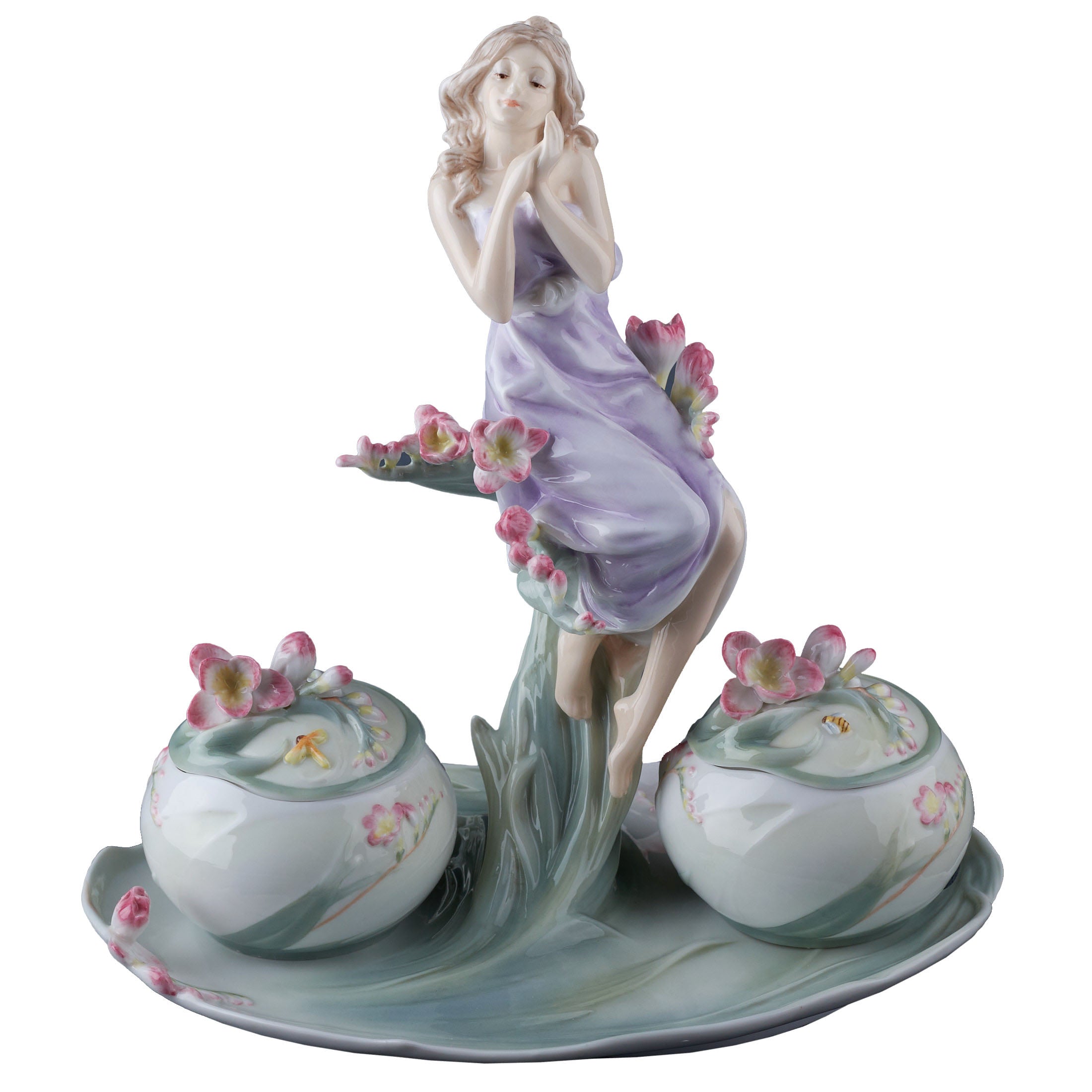 Lady With Pink Freesia Suger And Cream Tray Set