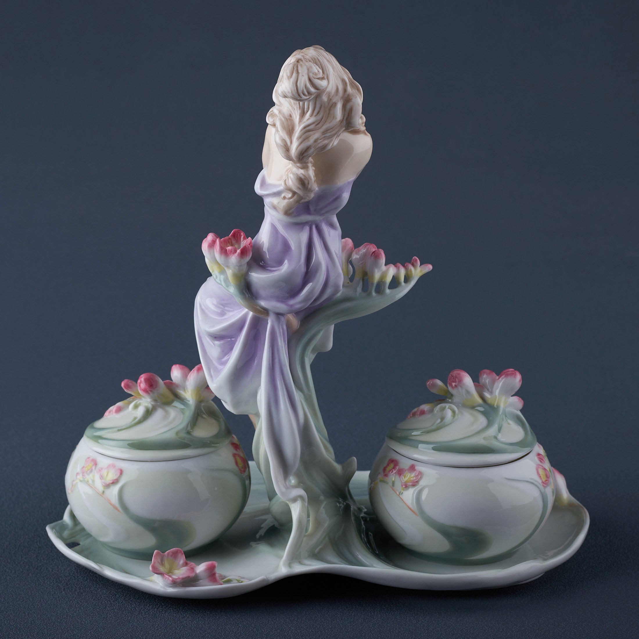 Lady With Pink Freesia Suger And Cream Tray Set