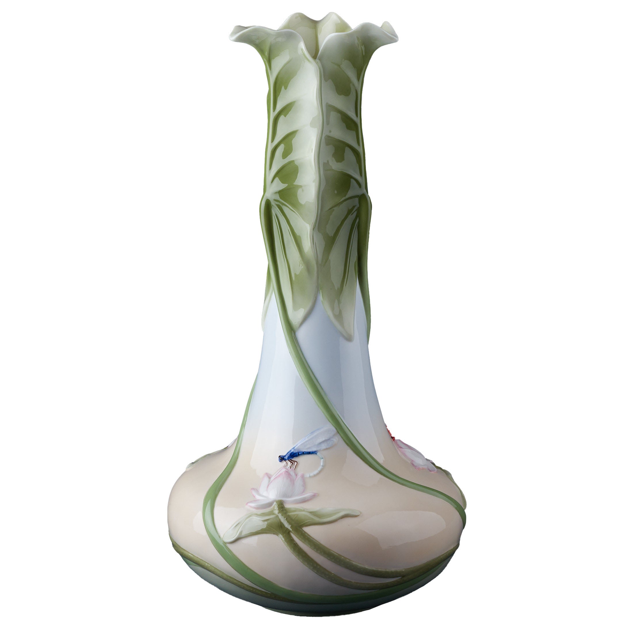 Triple Lotus Leaves Tall Vase With Red Dragon Fly