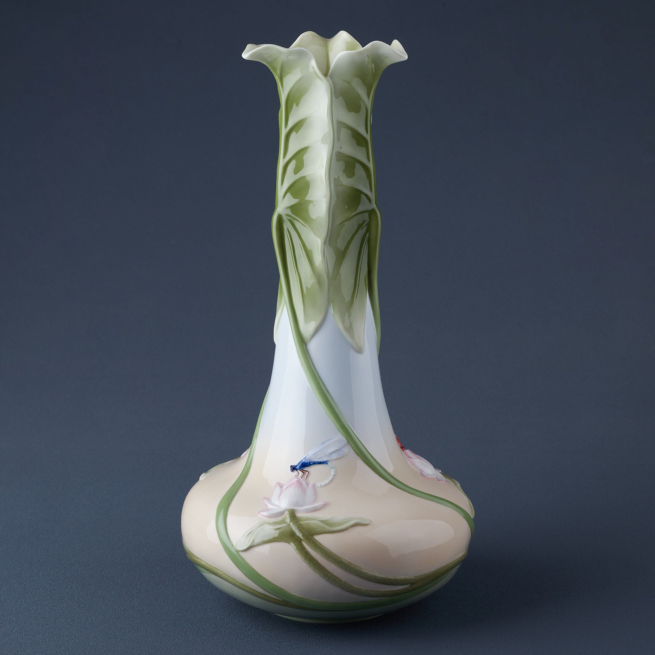 Triple Lotus Leaves Tall Vase With Red Dragon Fly