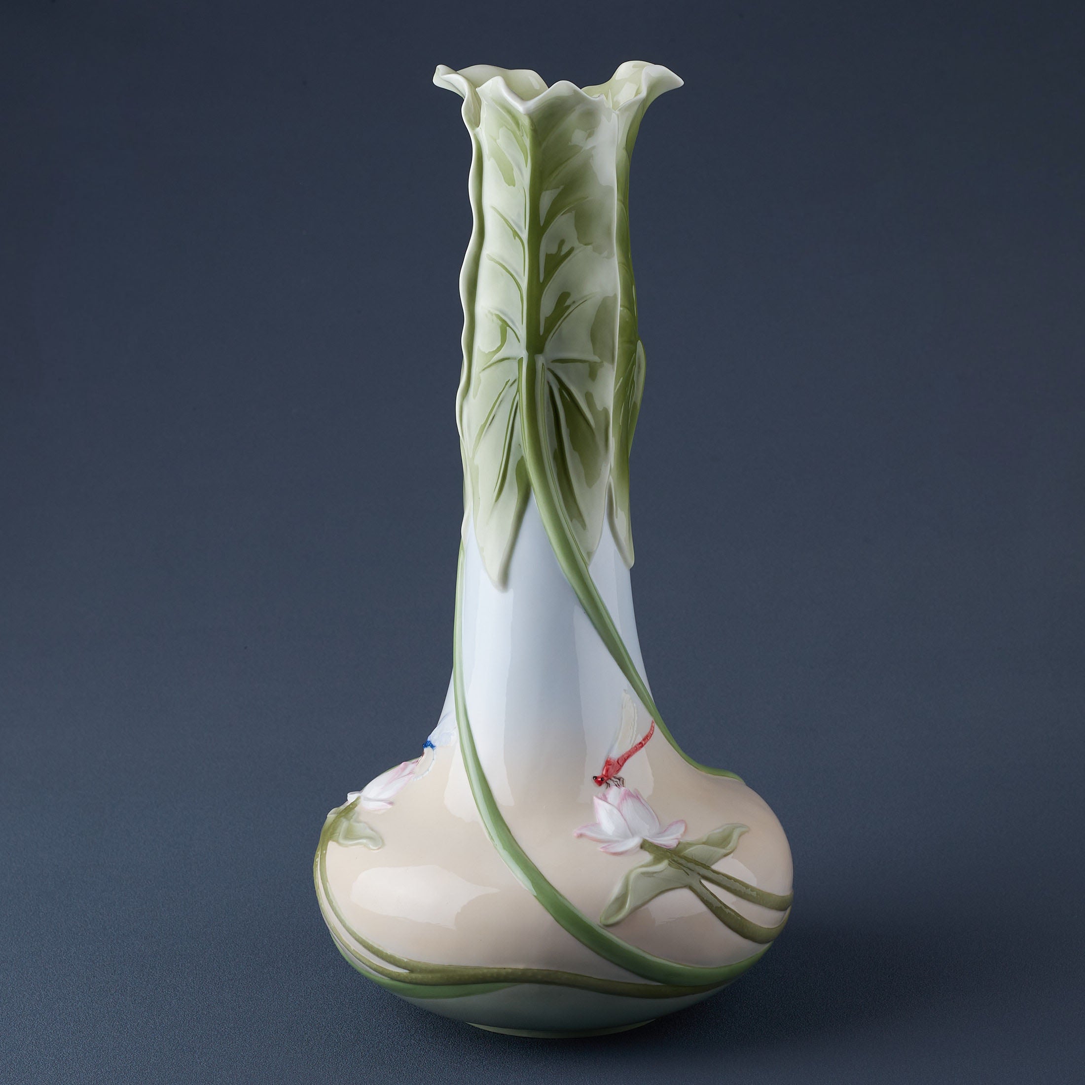 Triple Lotus Leaves Tall Vase With Red Dragon Fly